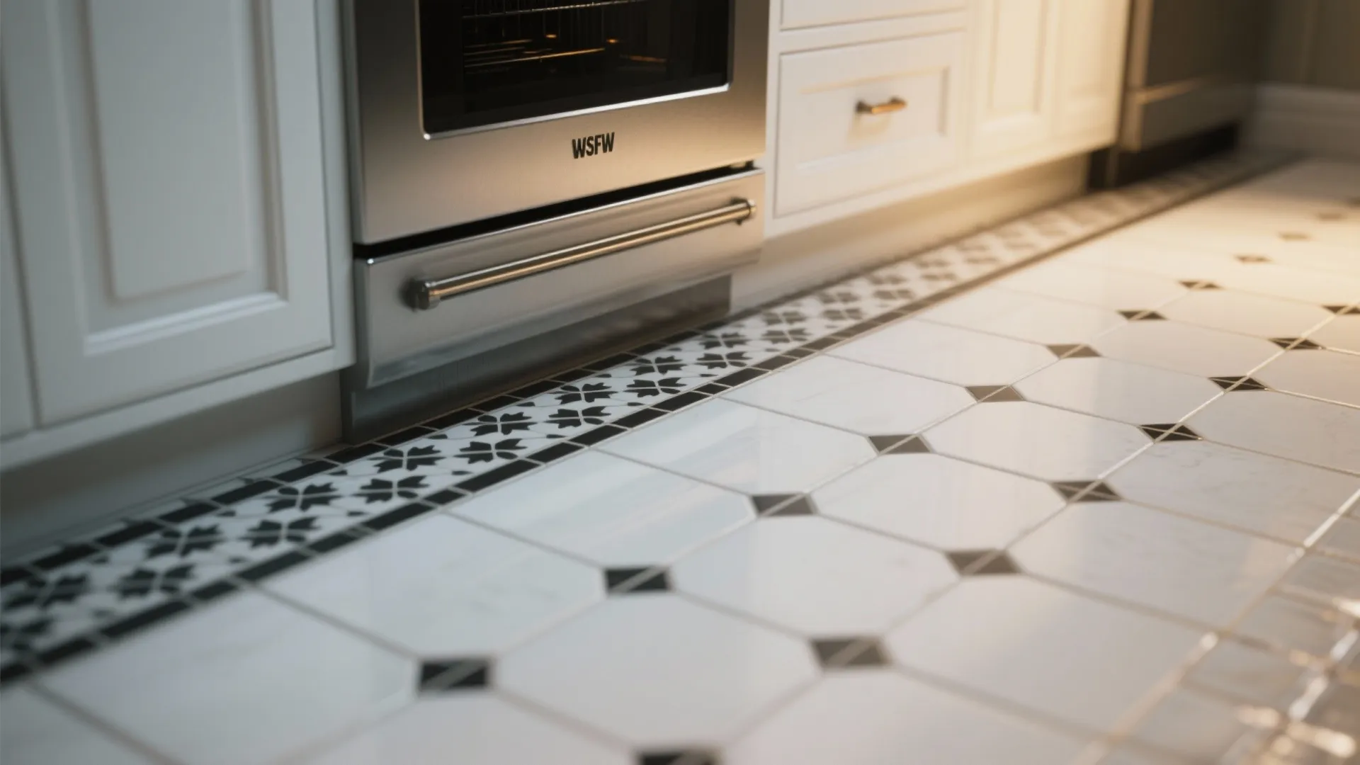 White kitchen floor with a patterned black-and-white tile runner and neat transition trim
