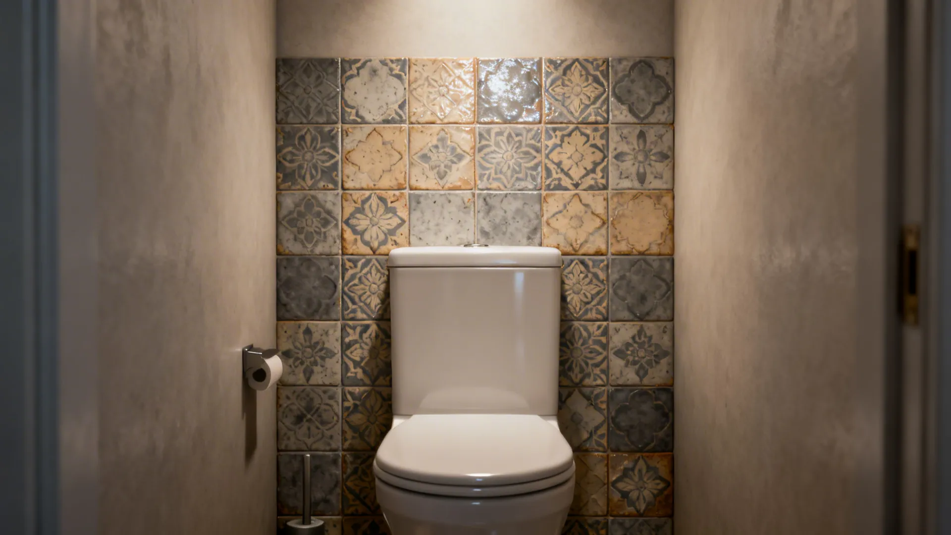 Accent encaustic-look tile wall behind toilet in a small bathroom