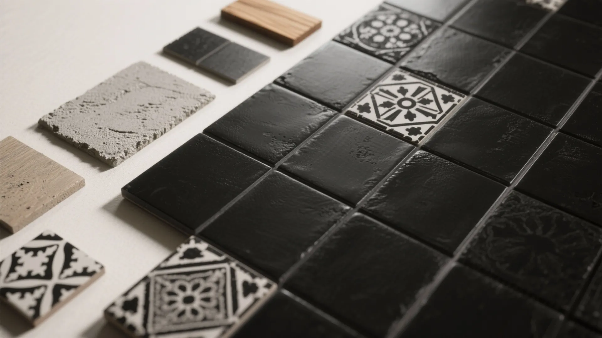 Top-down flatlay of plain black tiles with a few patterned accent tiles and material samples.