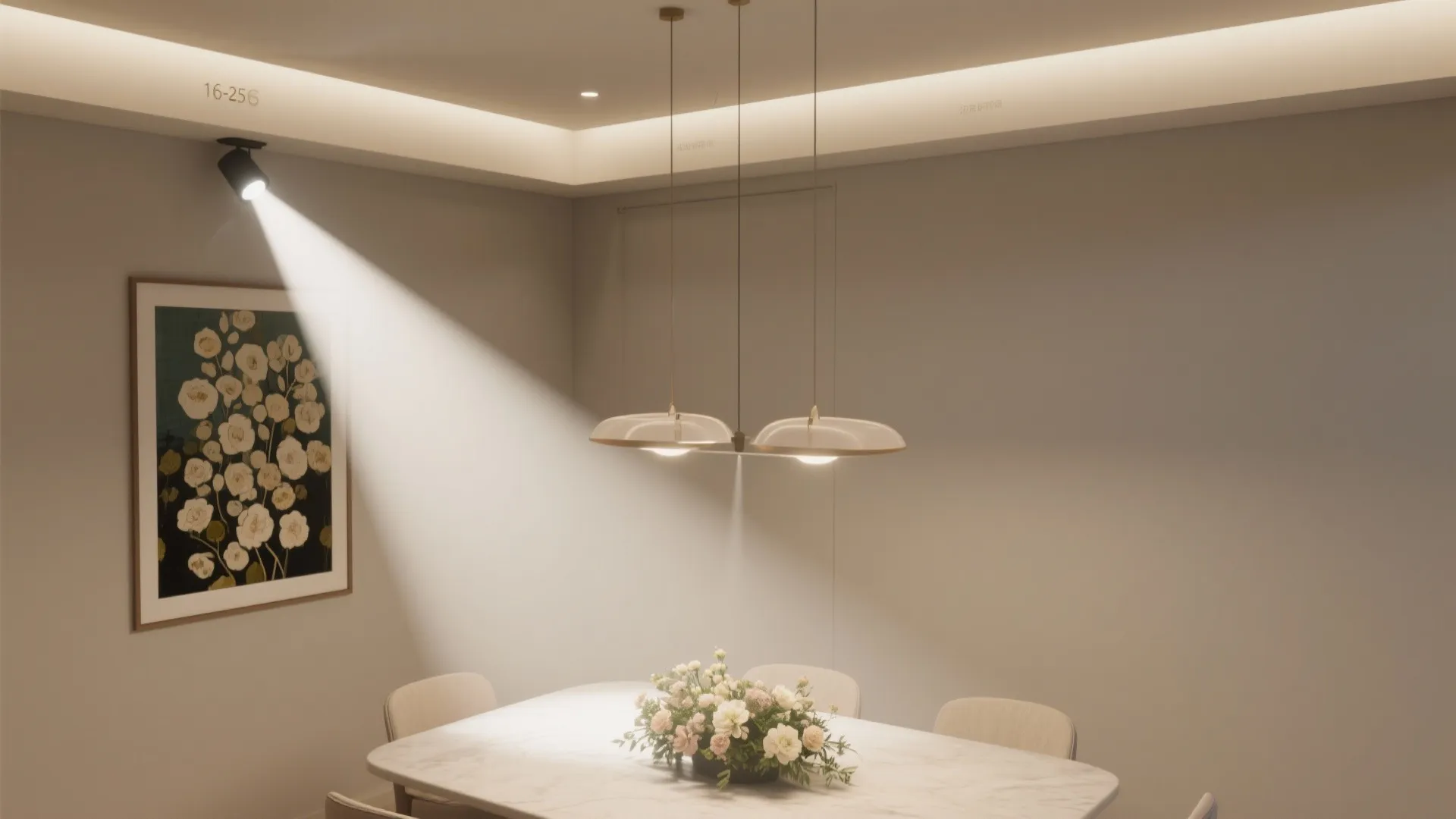Dining area with a black track light shining on wall art and three ceiling lights