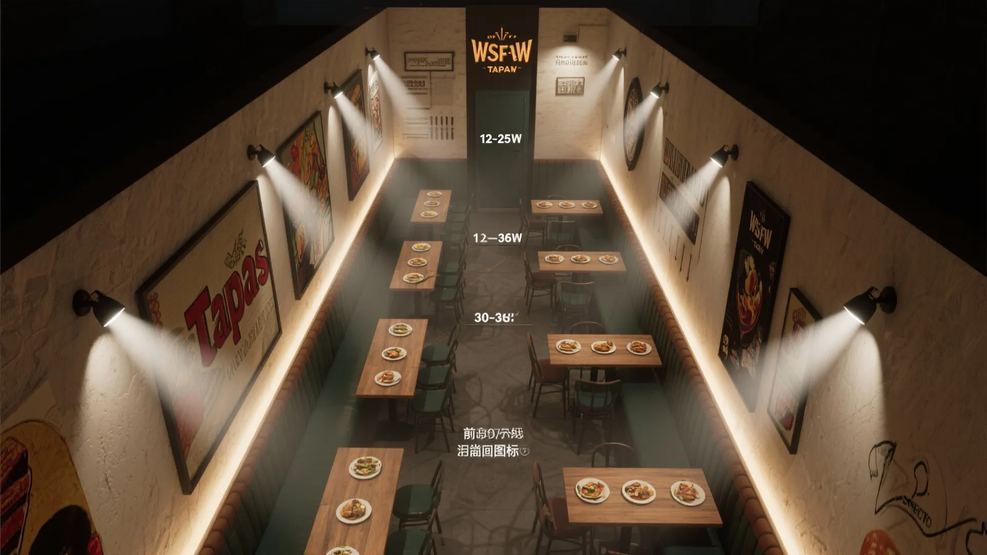 Top-down plan showing beam cones and aiming angles for accent lights in a narrow bar.
