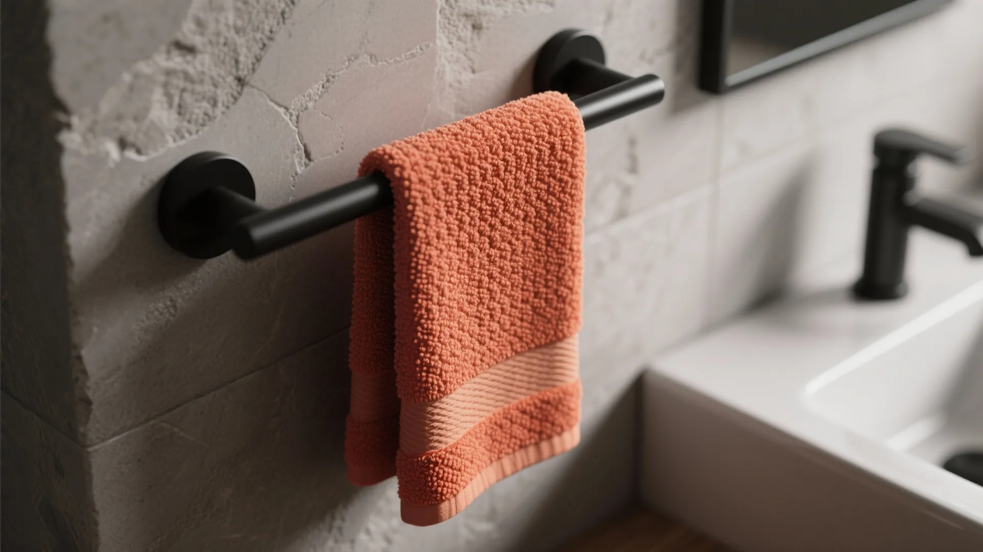 Orange towel hanging on a black metal towel rack mounted on a textured stone wall