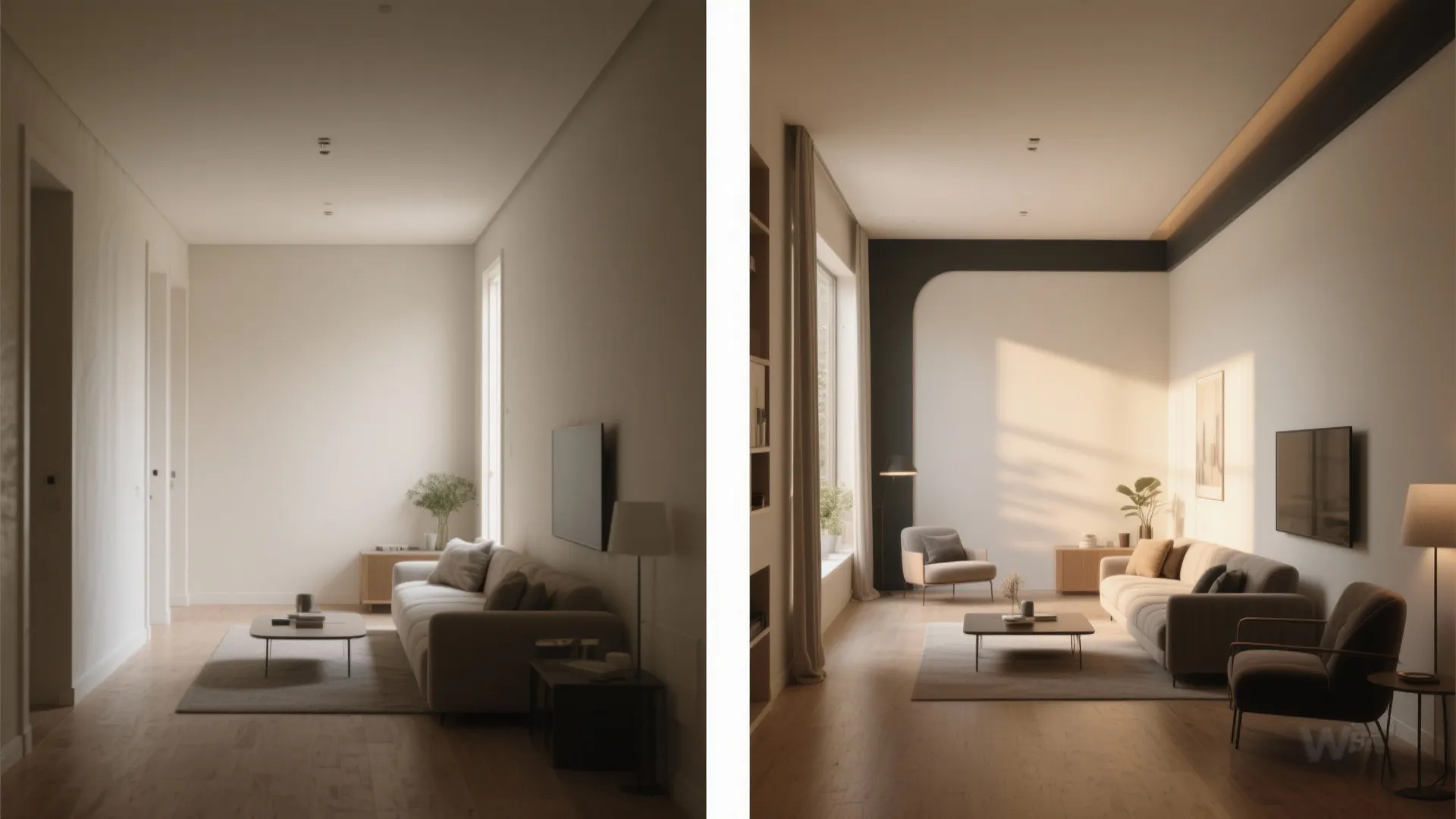 Split view of a living room showing uniform color treatment versus same color with a darker trim and accent corner for focus.