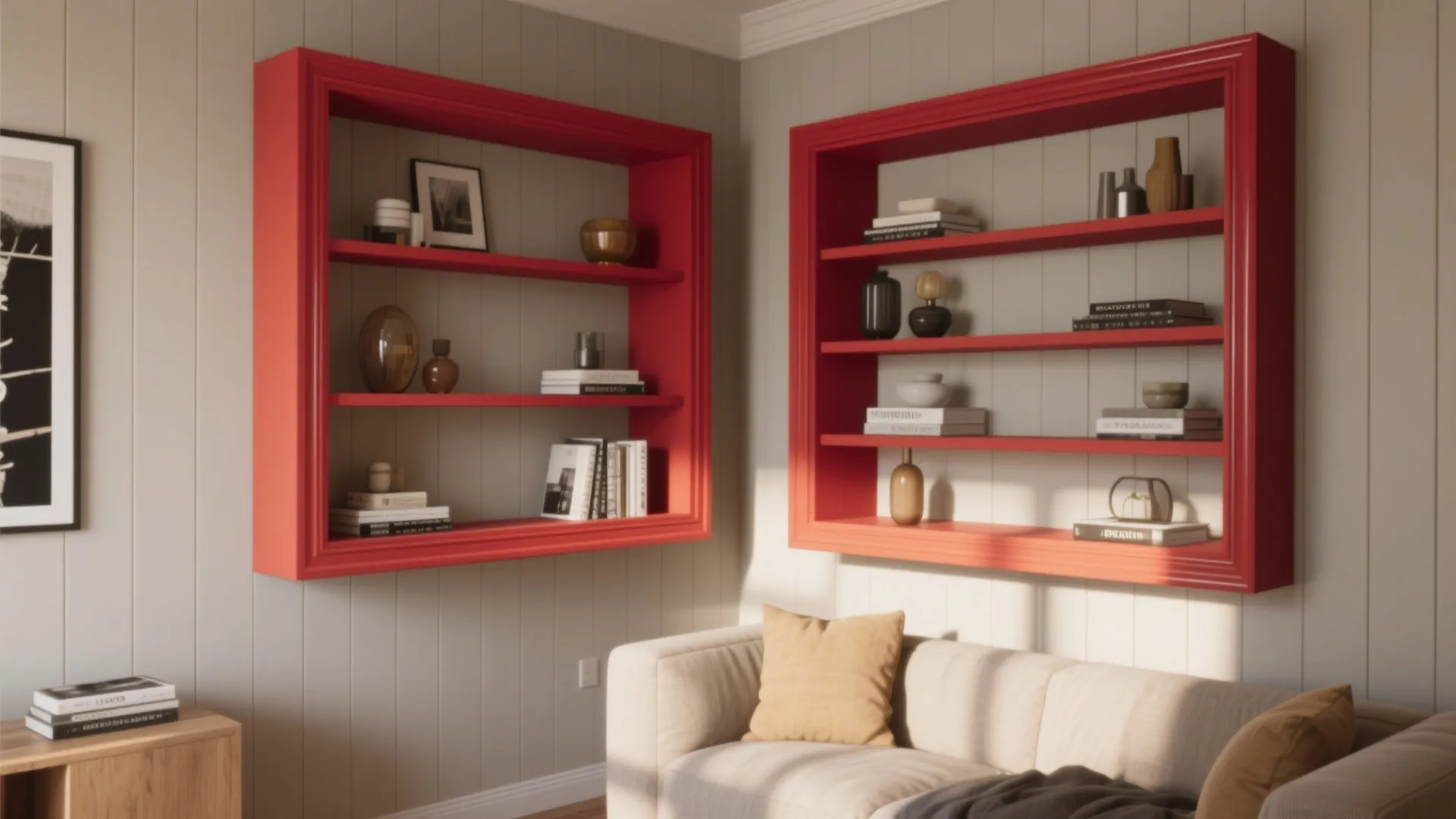 Built-in shelves and trim painted in a bold accent color against neutral paneling in a cozy living room.
