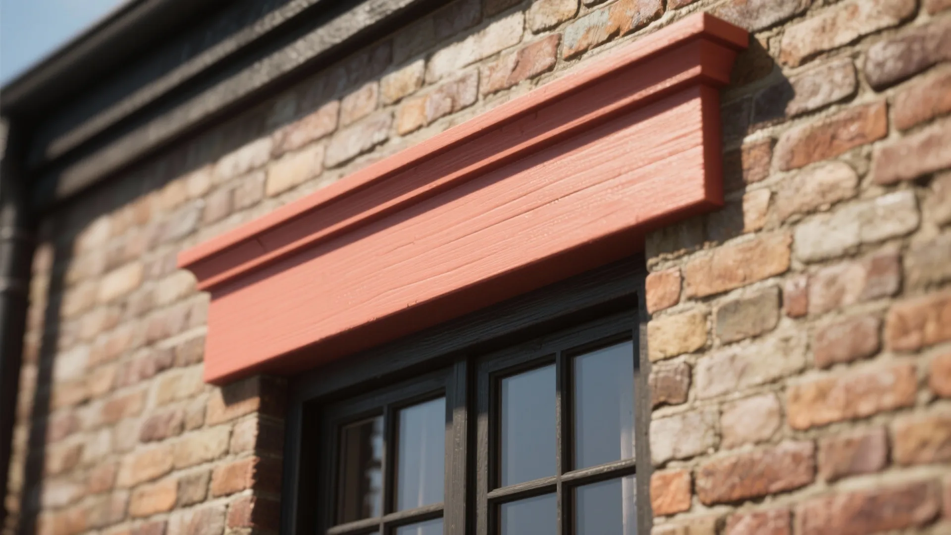 Red wood window trim above a black frame window on a textured brown brick wall