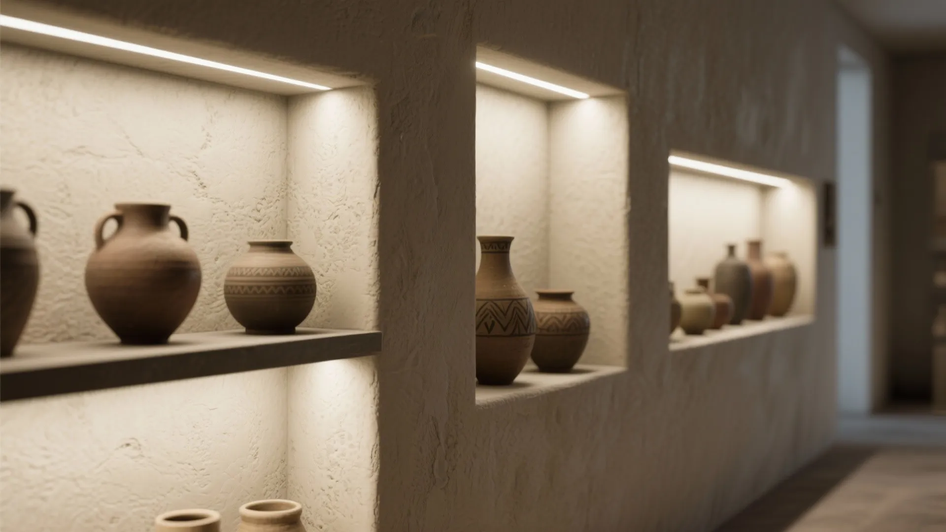 Textured alcove with pottery highlighted by recessed lights with decorative narrow-beam trim rings.