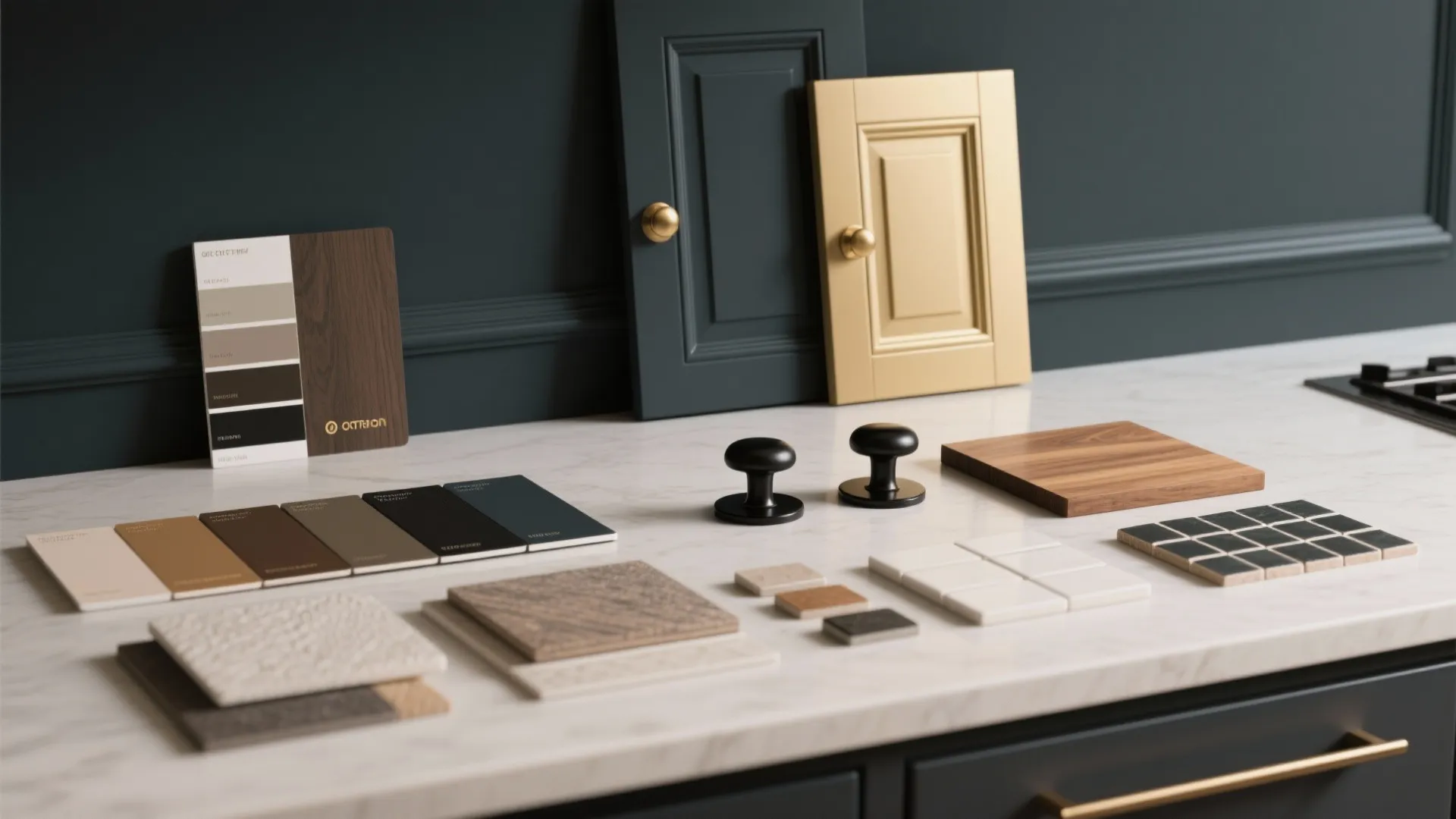Flatlay of darker accent-trim paint swatches, cabinet and hardware samples for coordinating a kitchen palette.