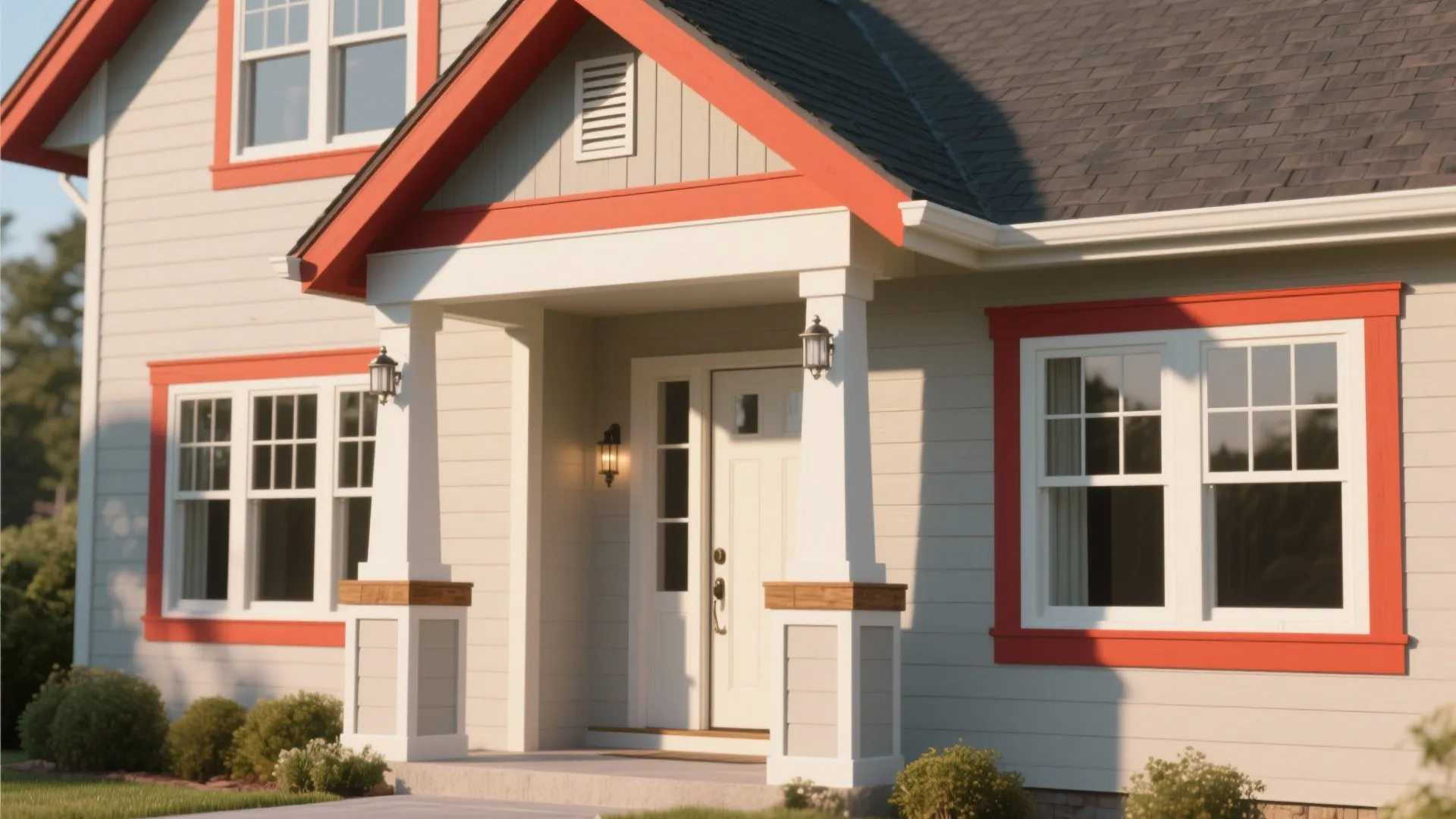 House facade highlighting crisp accent trim and shadow lines around windows and eaves.