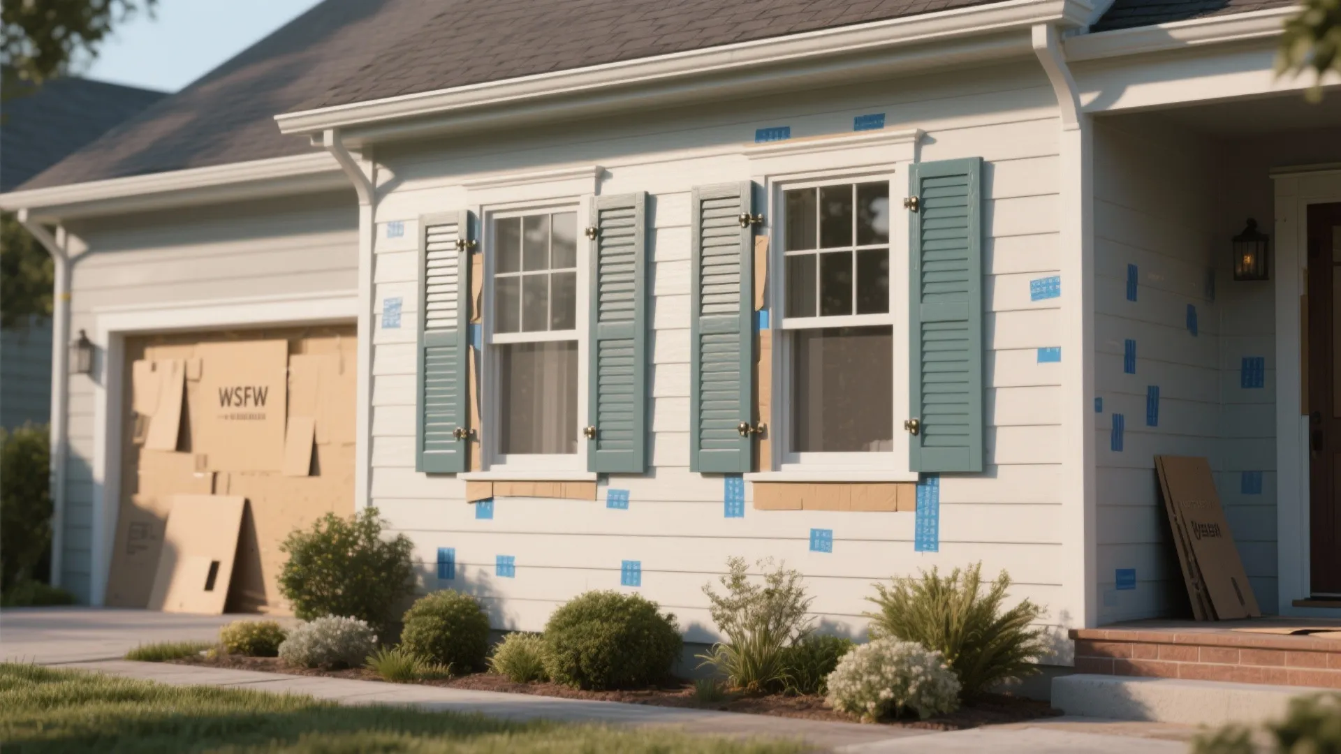 White house exterior with teal window shutters and small green bushes in the front yard