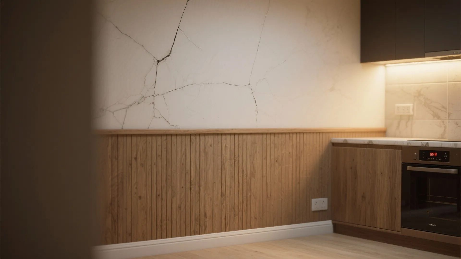 Modern kitchen with wood wall panel covering lower half of cracked wall near dark cabinets