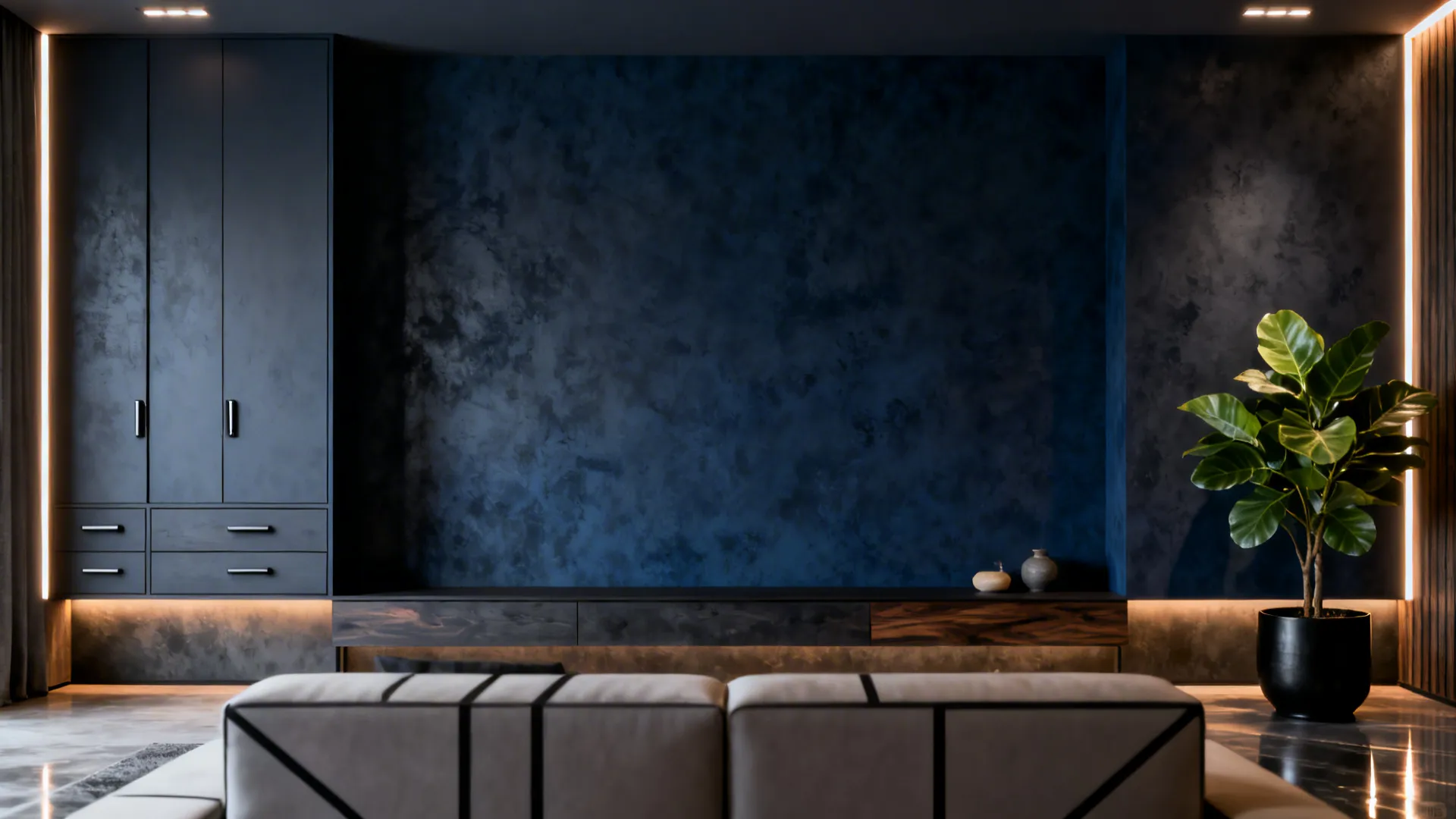 Accent TV wall with dark textured finish and slim hidden storage in a small living room