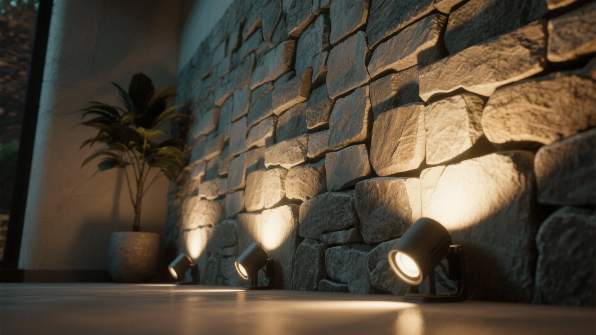 Three small spotlights shining light upward on a textured stone wall next to a green plant