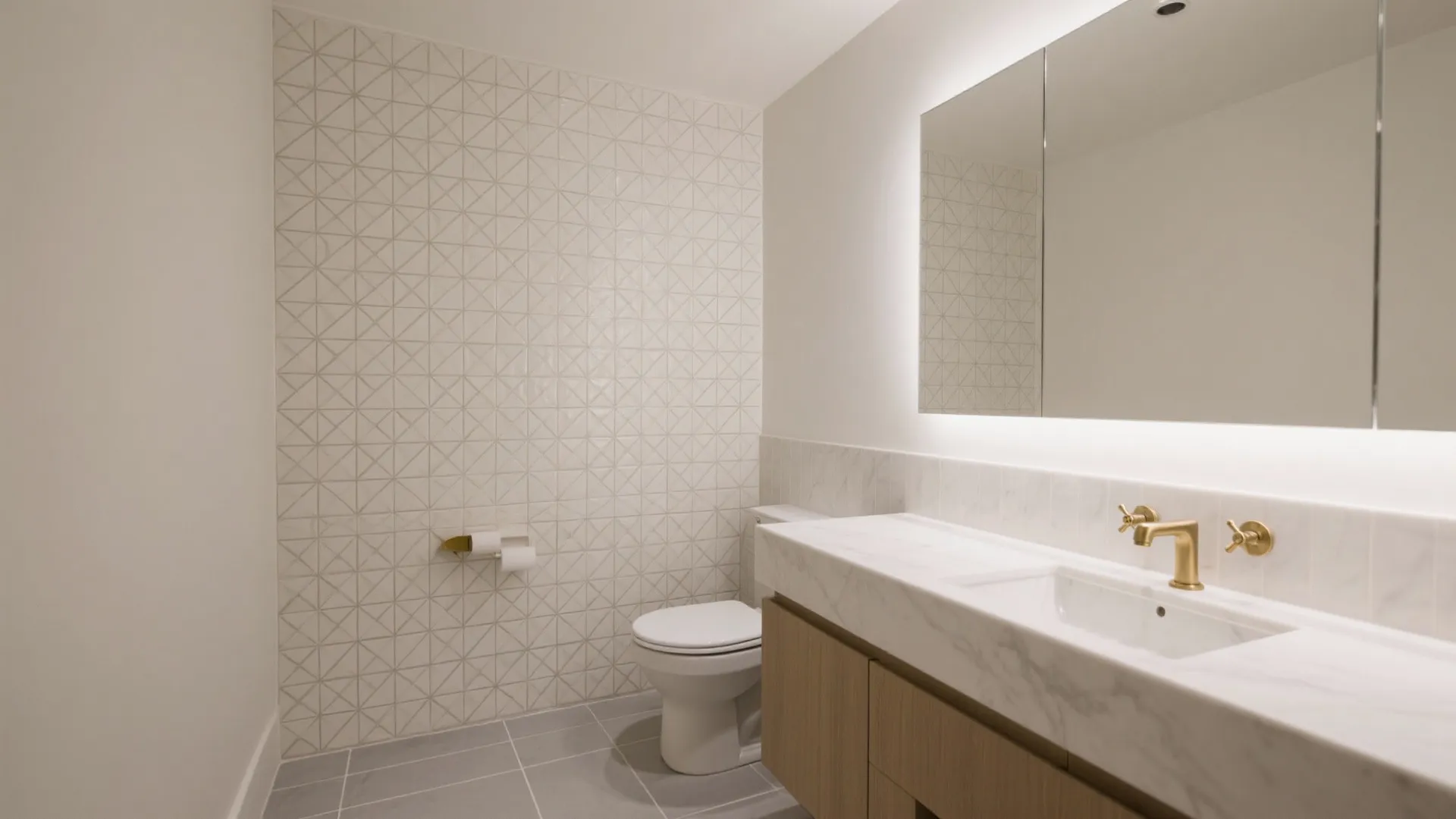 Patterned accent wall behind the vanity or shower