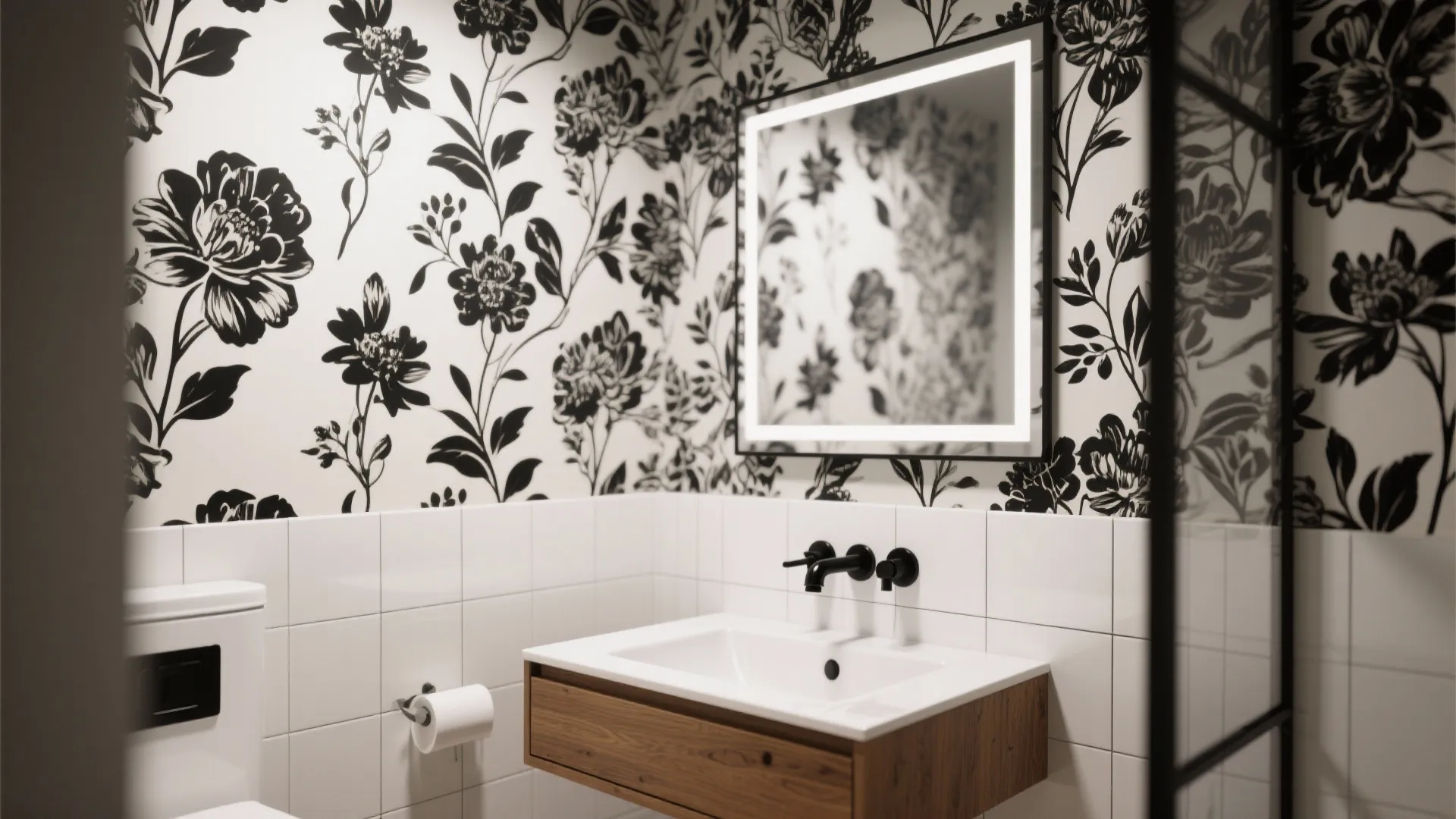 Modern bathroom featuring floral wallpaper white wall tiles wooden vanity cabinet and square glowing mirror