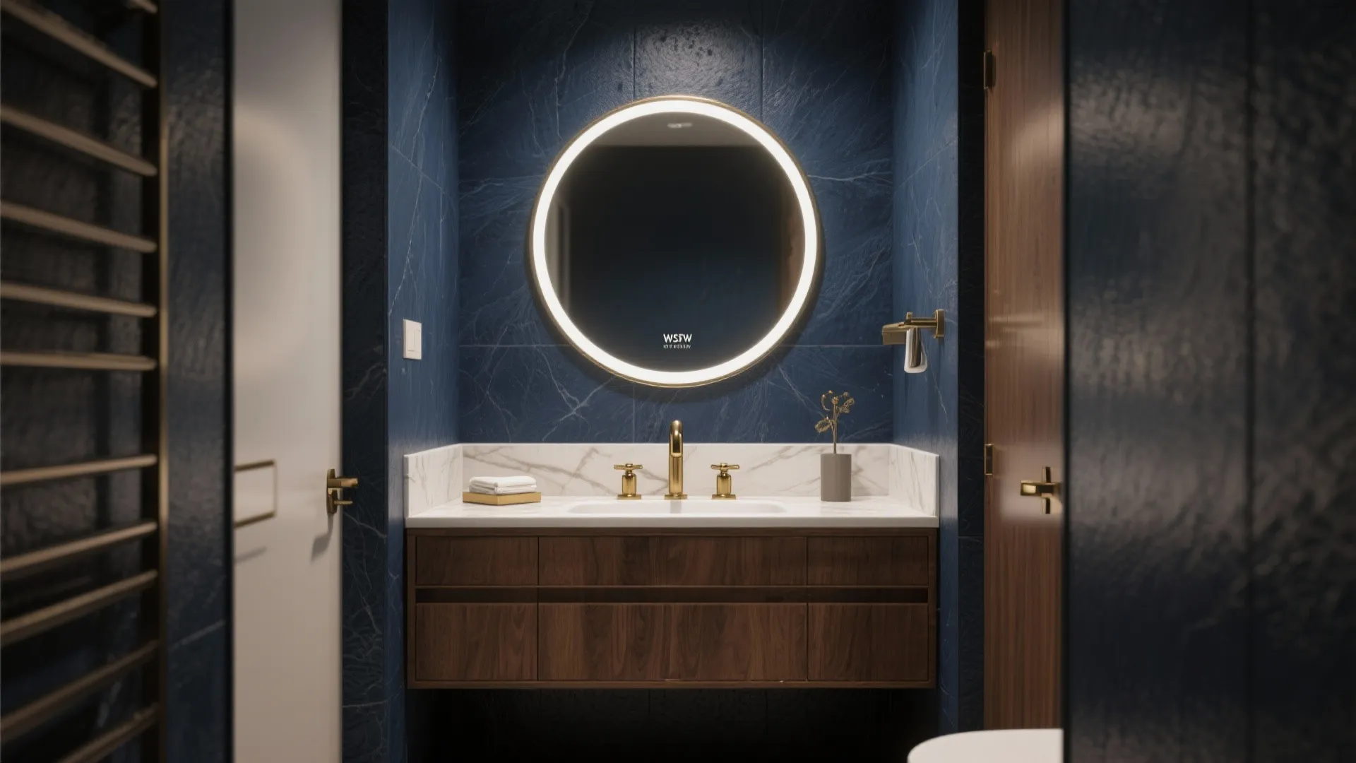 Modern bathroom with navy blue marble walls round lit mirror wooden cabinet and gold faucet