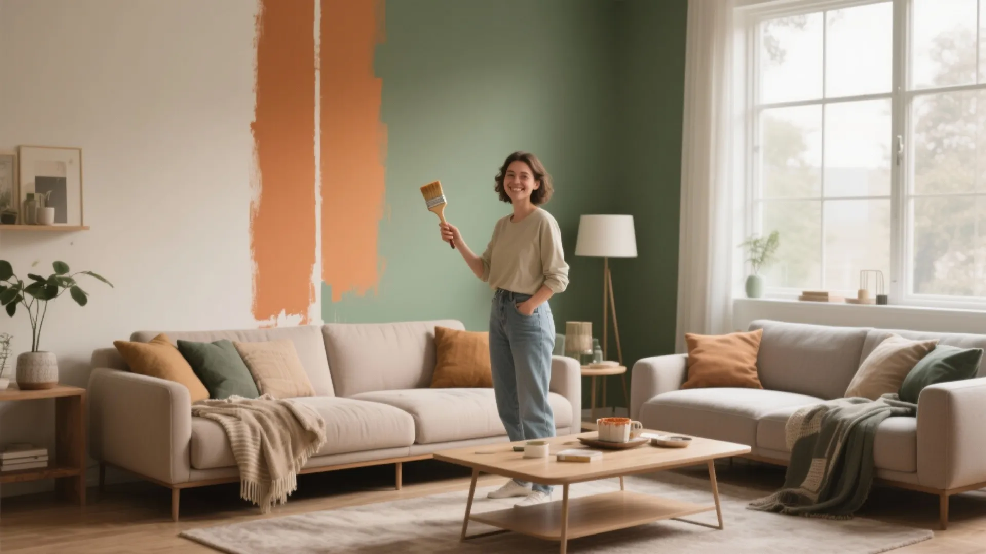 Smiling woman holding a paint brush next to a living room wall with orange paint