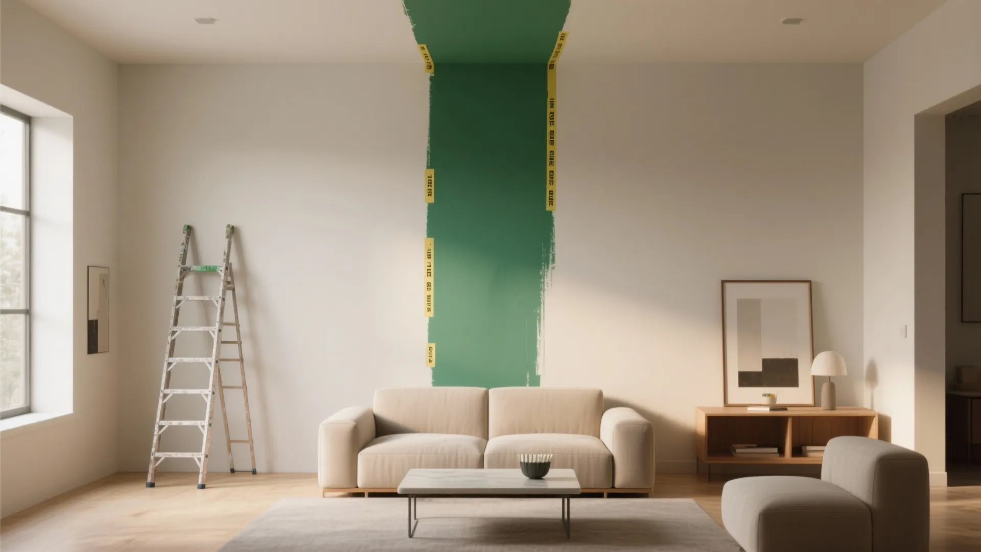 Living room with beige sofa and a vertical green paint strip on the white wall