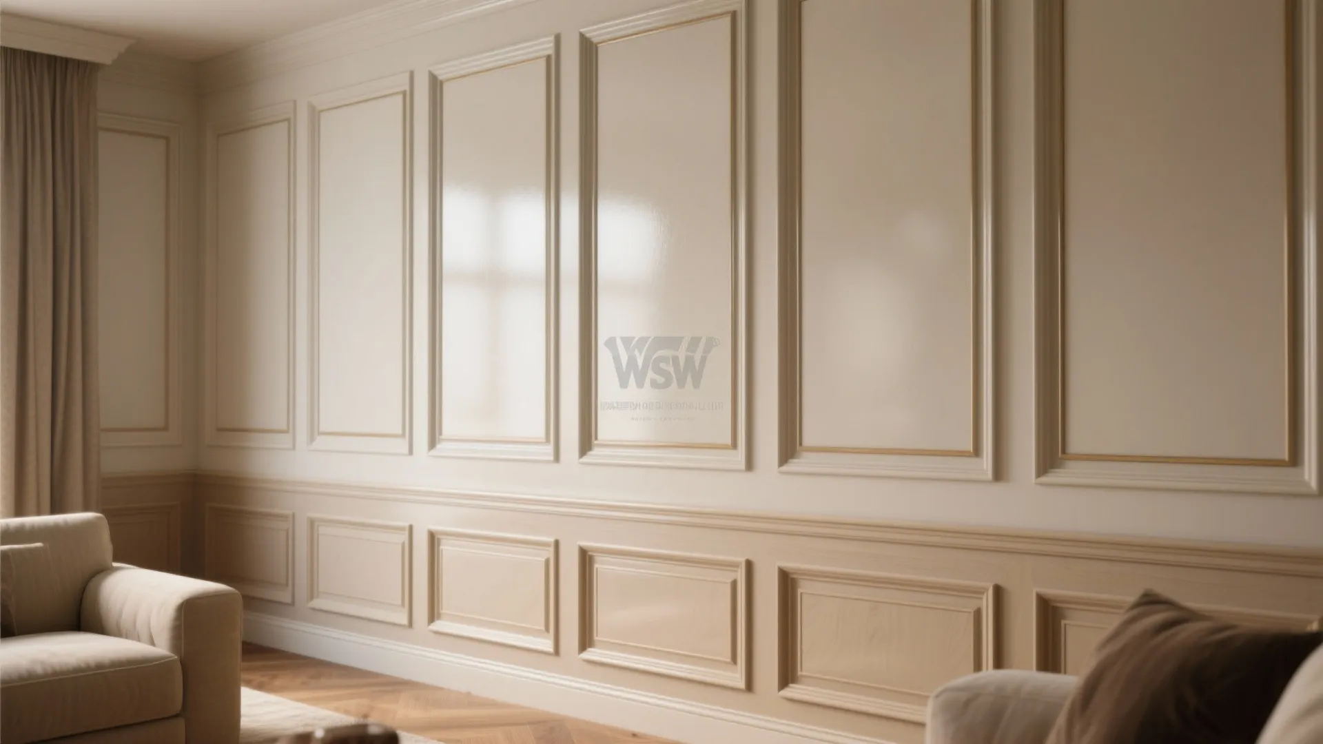 Classic cream wall panel design in a living room with beige sofa and wooden floor