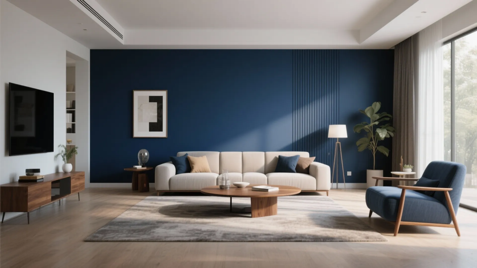 Modern living room featuring a dark blue accent wall with cream sofa and wooden furniture