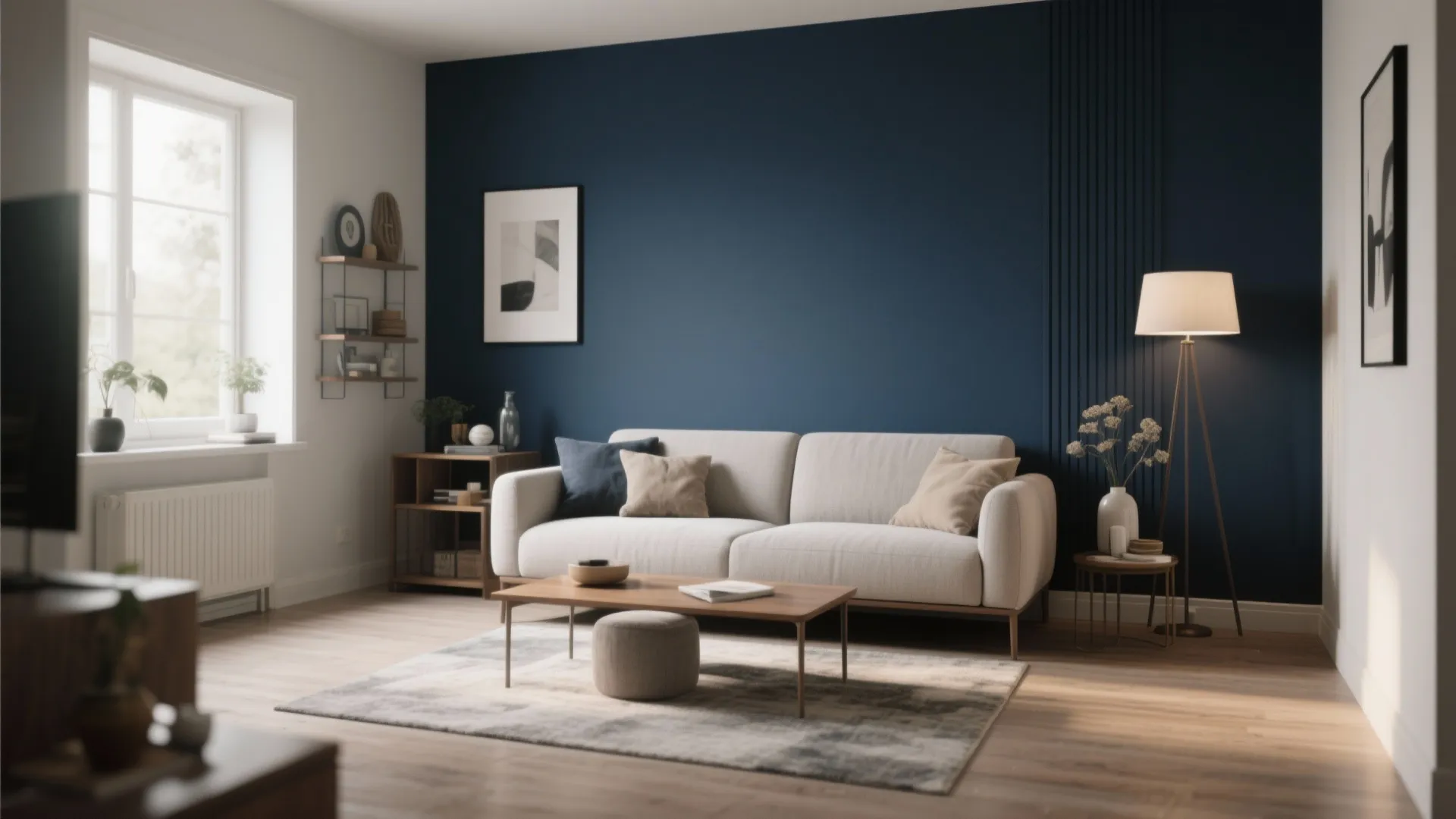 Navy blue accent wall with vertical paneling behind a white sofa in a living room