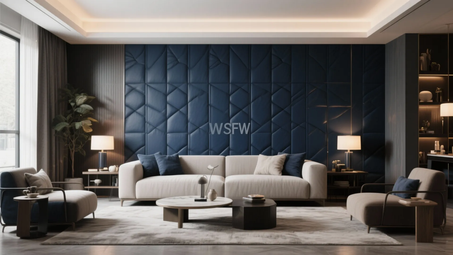 Elegant living room featuring a dark blue textured wall panel behind a white modern fabric sofa