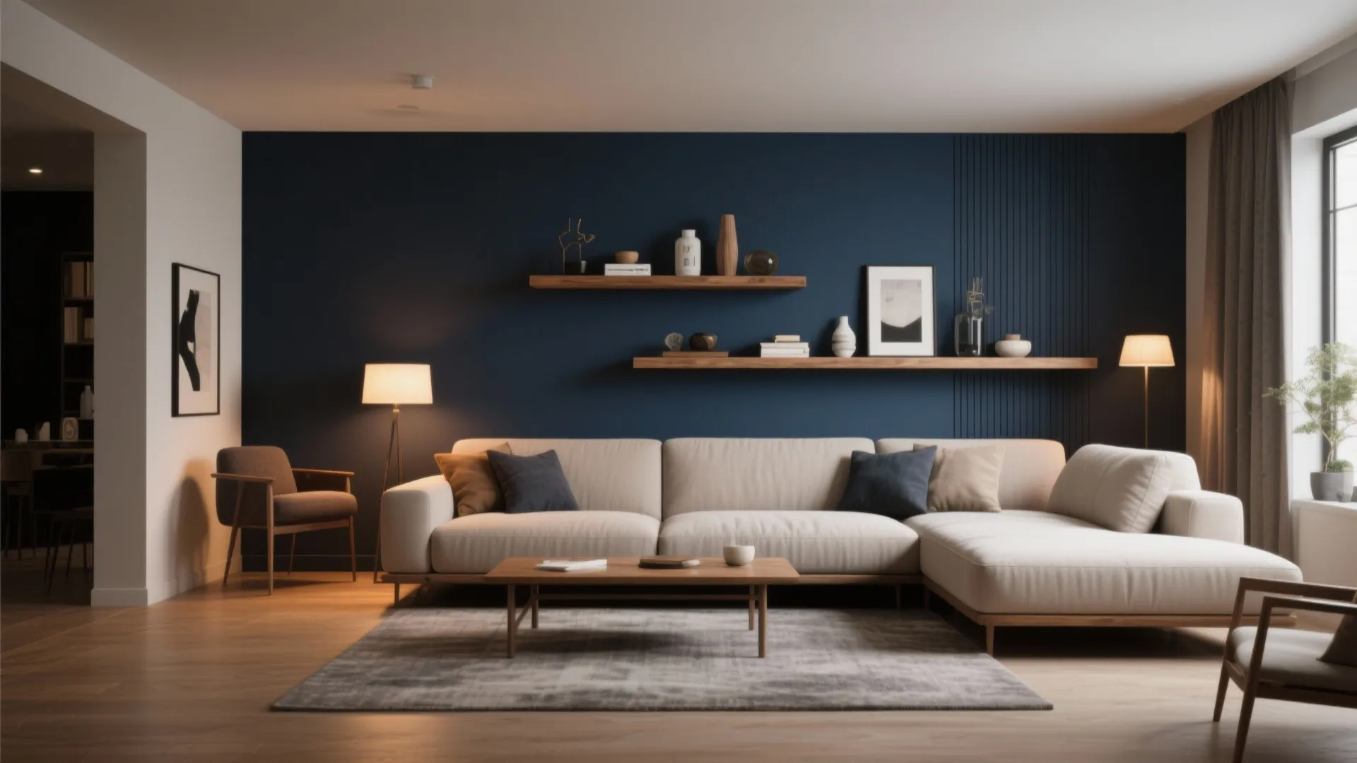 Contemporary living room featuring dark blue accent wall wooden shelves floor lamps and comfortable sofa