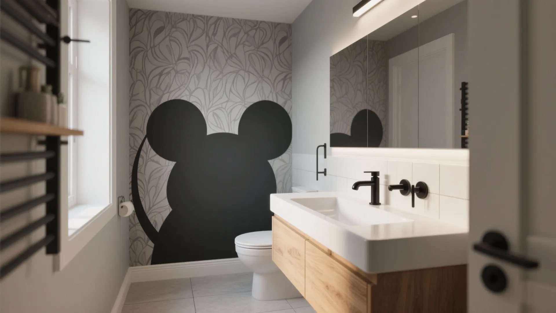 Modern bathroom with white sink wooden cabinet toilet and large black mouse silhouette on wall