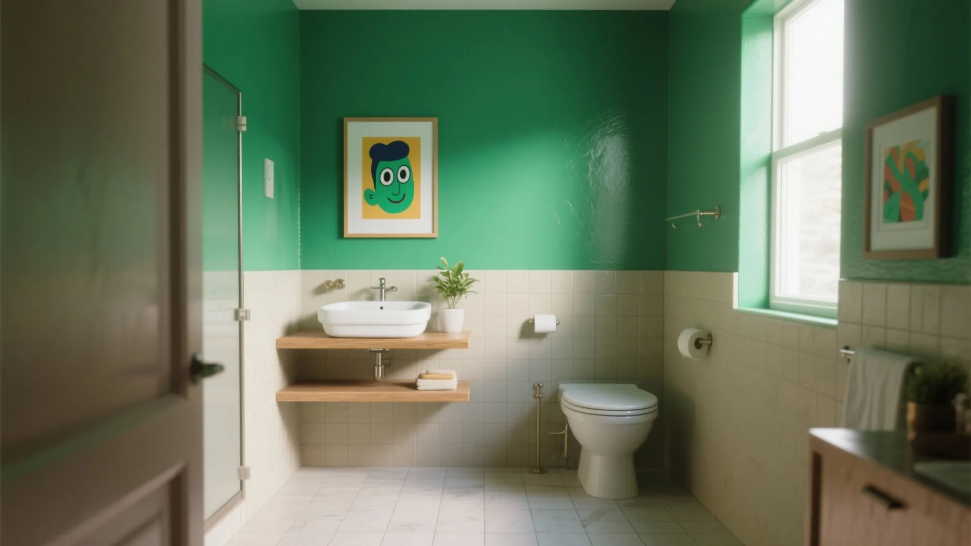 Compact bathroom showcasing a single emerald accent wall with artwork, neutral vanity and soft daylight.
