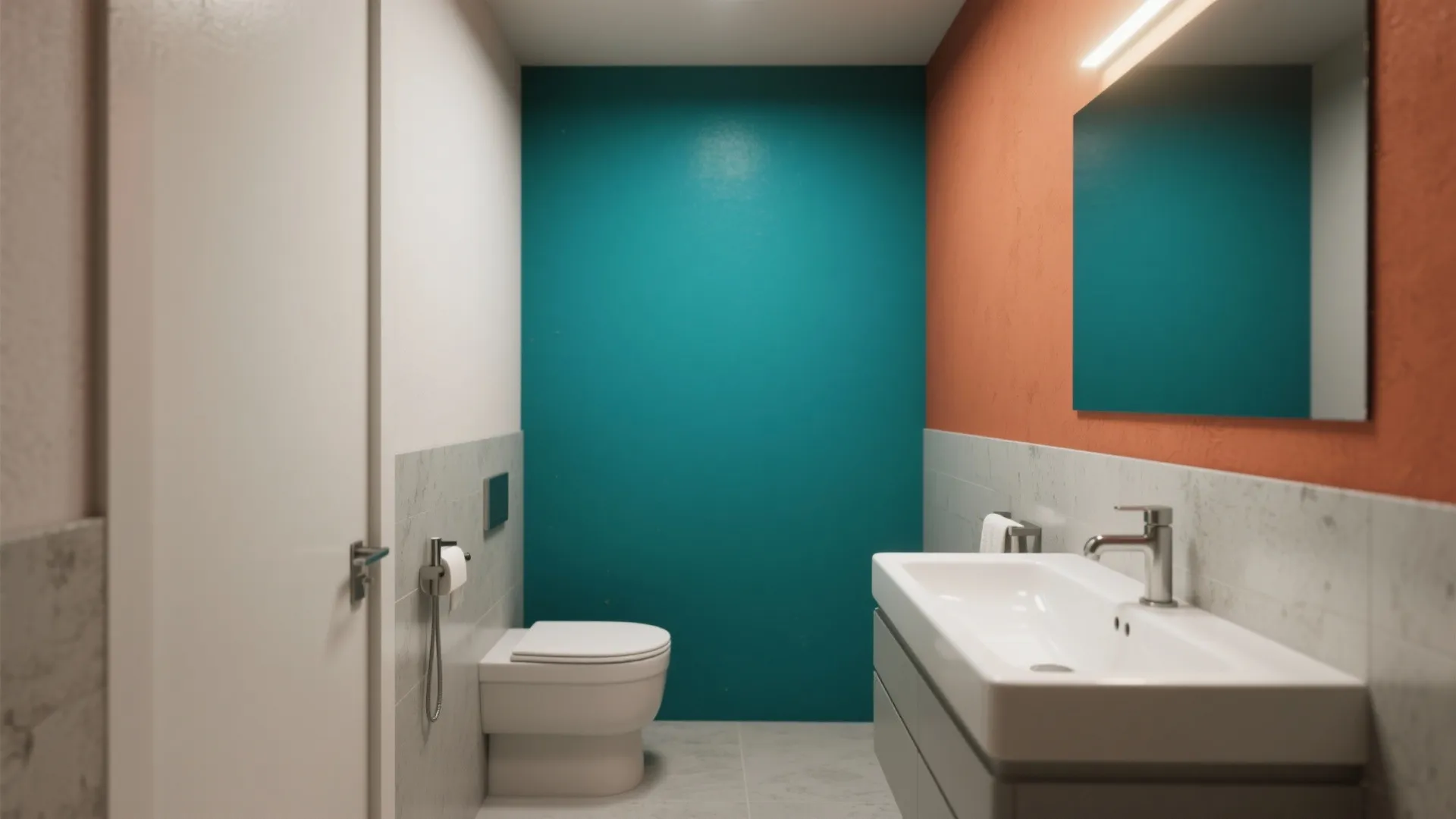 1. Anchor a bright wall with neutral fixtures