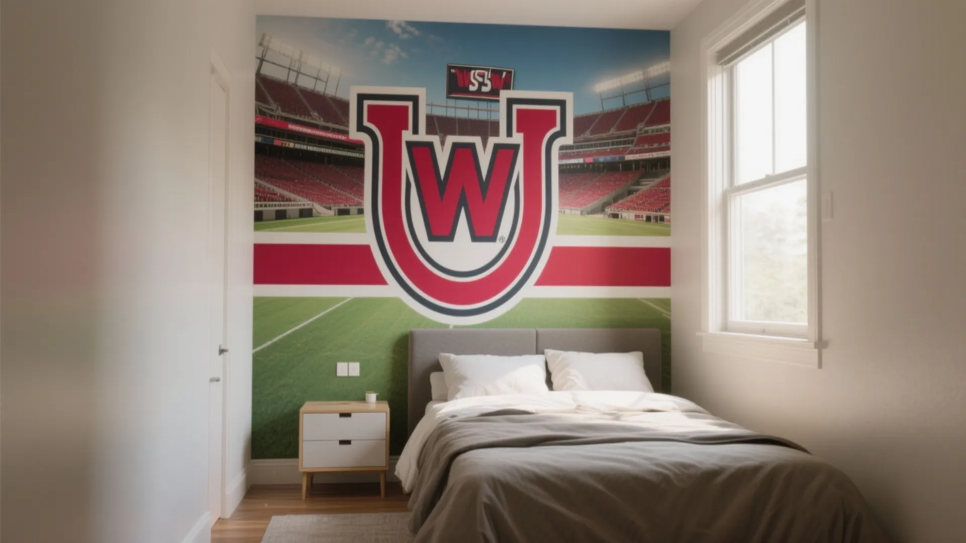 Small bedroom showing a bold removable stadium mural accent wall with neutral surrounding decor.