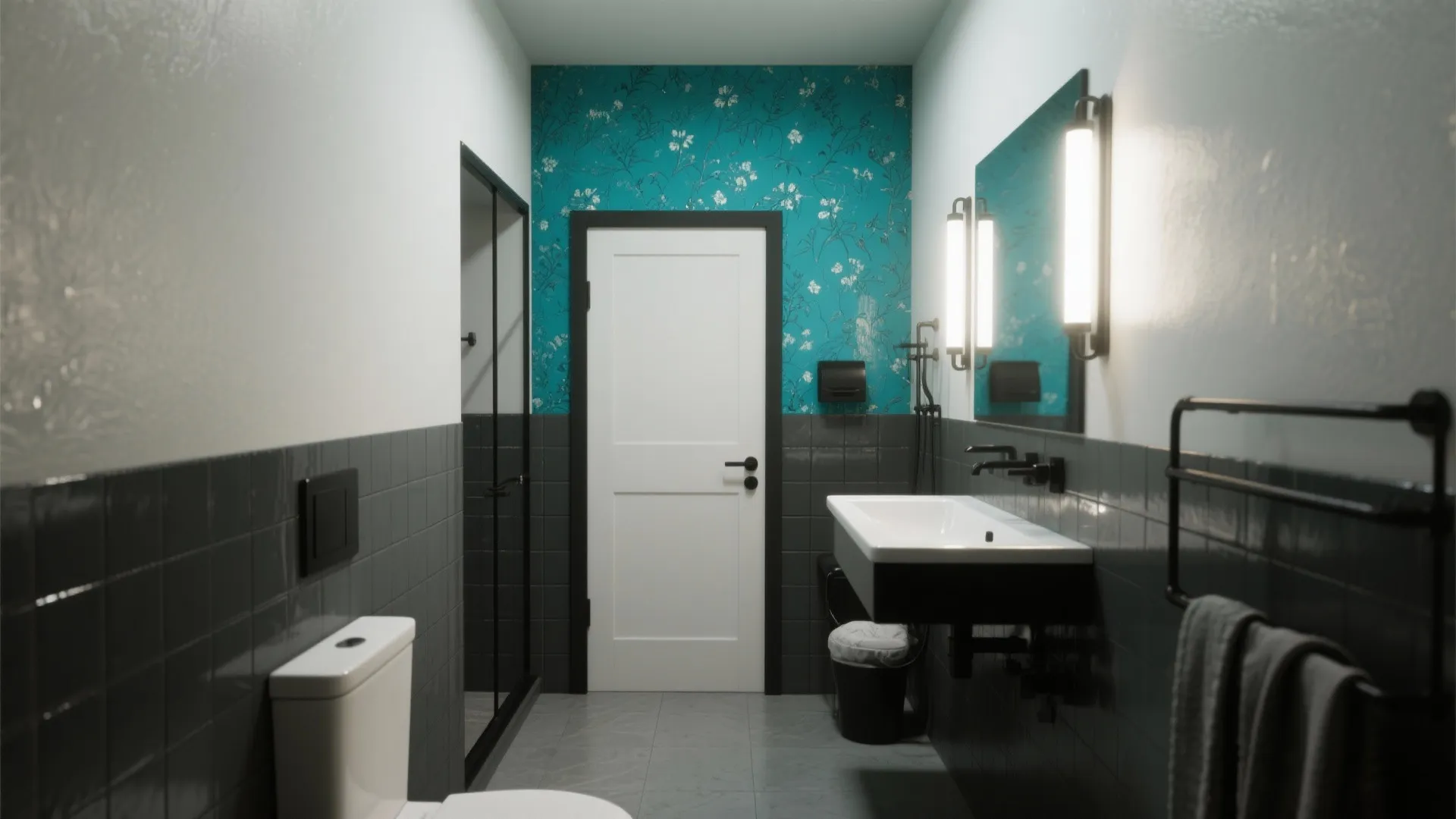 Bathroom interior design with blue floral wallpaper black wall tiles white door and wall light