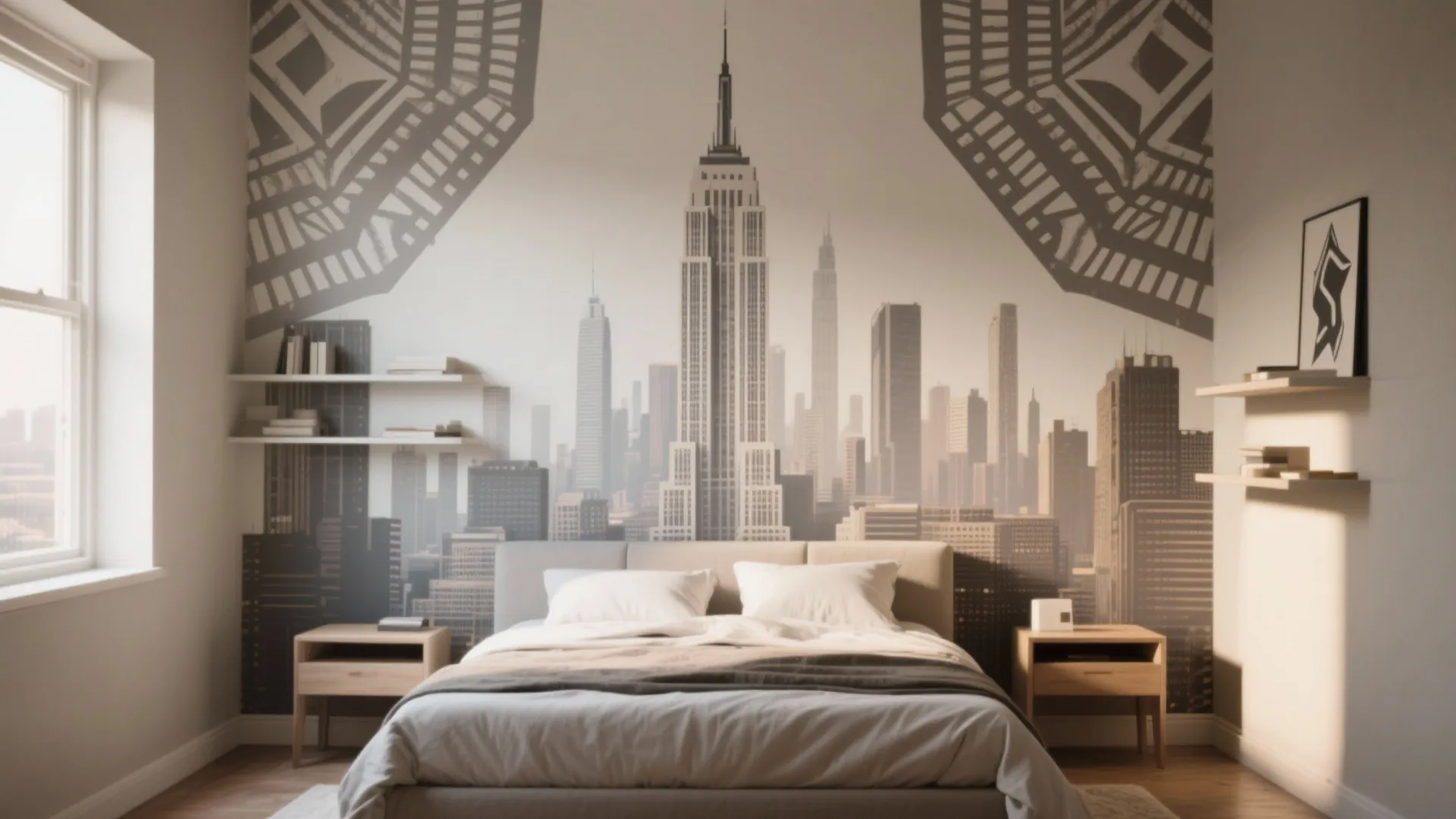 Modern bedroom with city skyline wall mural wooden bedside tables white bed and natural window light