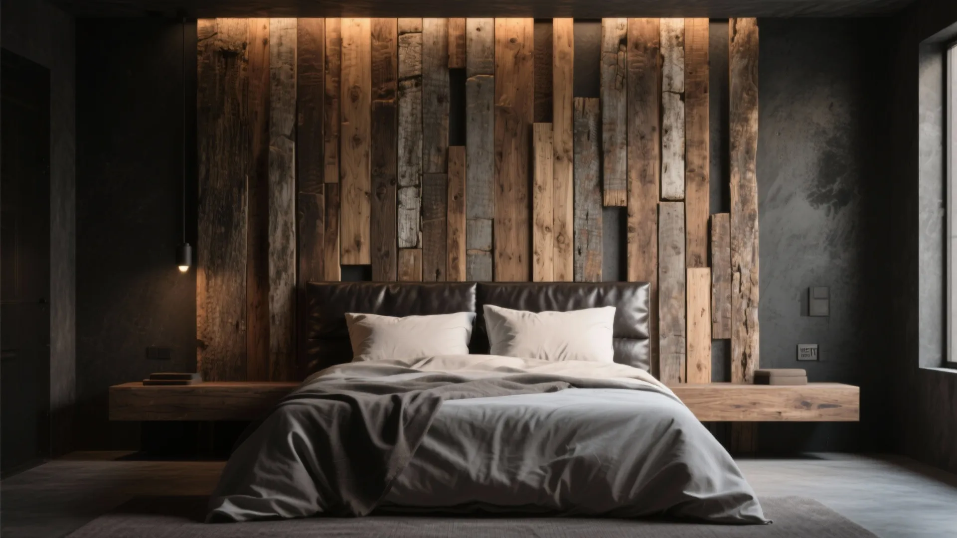 3. Material accent wall — wood, concrete or leather