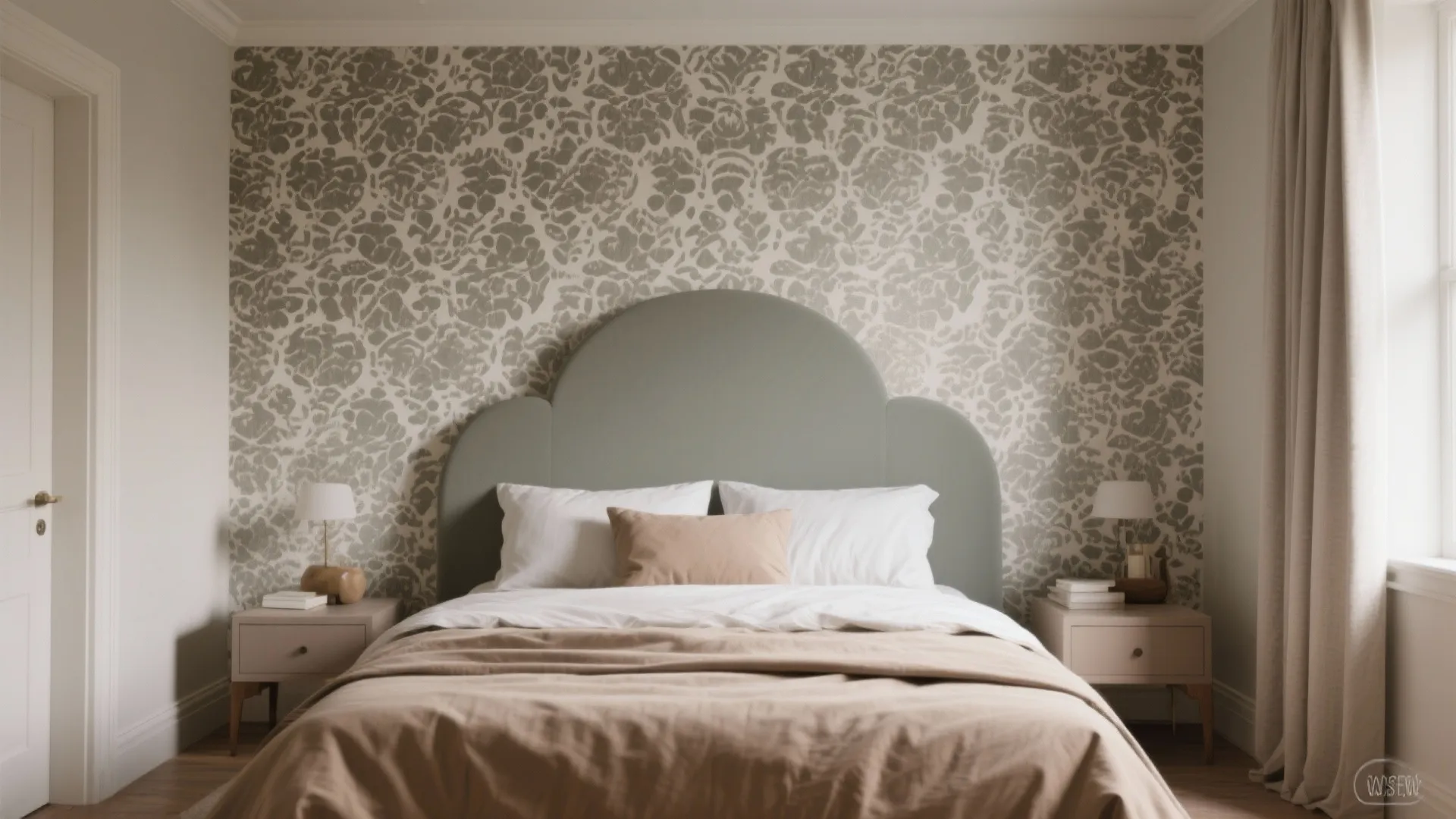 Modern bedroom with green curved headboard floral accent wall beige bedding and small table lamps