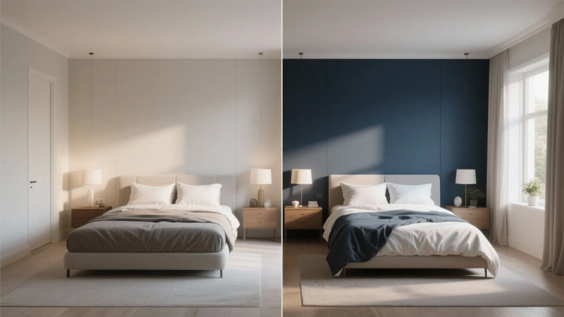 Before and after comparison showing a bedroom with a light wall versus a dark blue wall