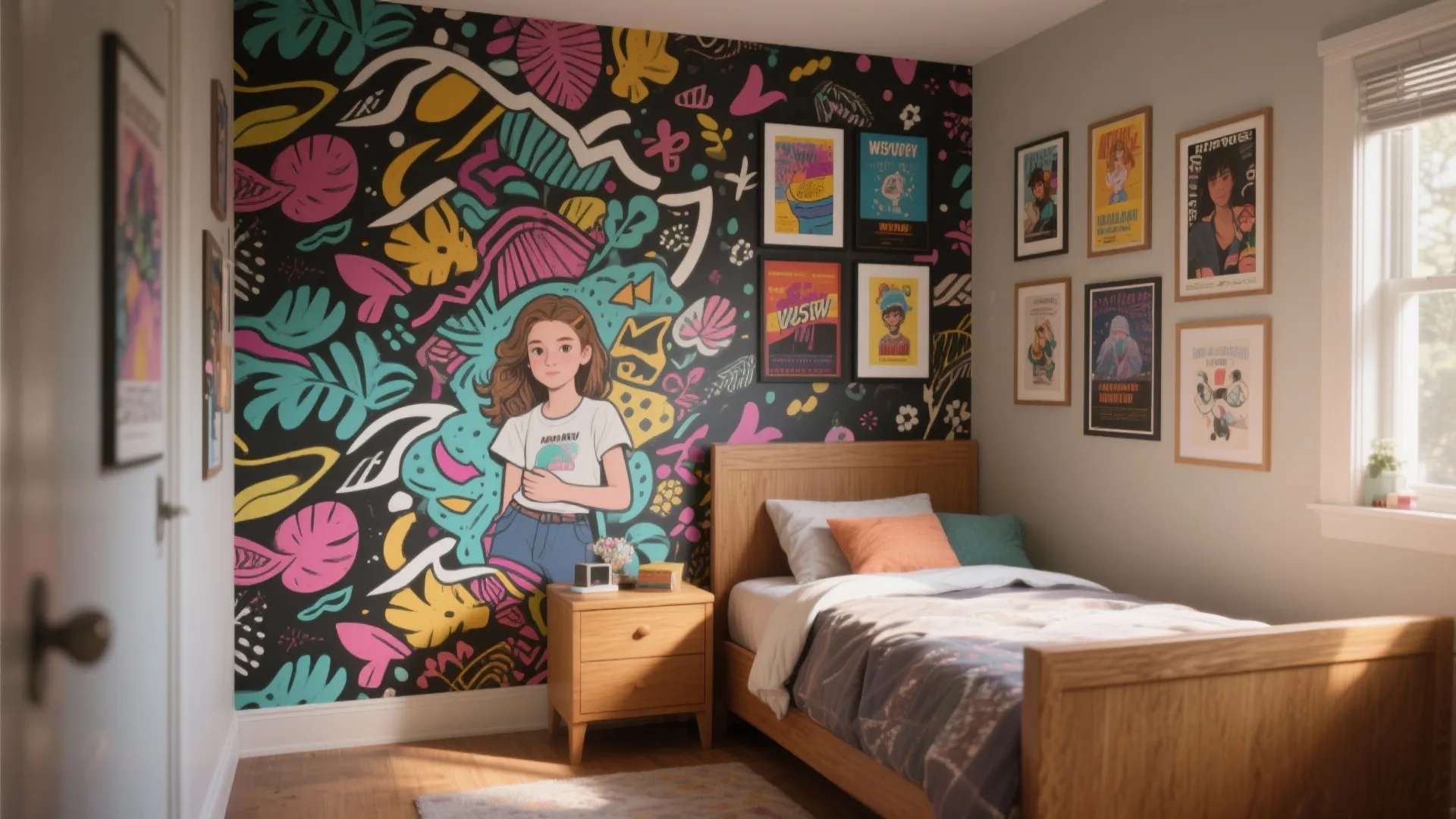 Teen bedroom with a personalized accent wall using a mural or peel-and-stick wallpaper above the bed.