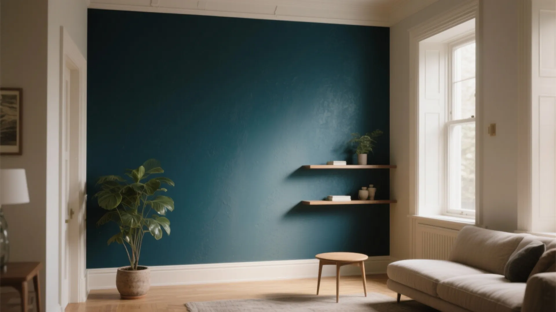 Cozy room with one deep accent wall creating a focal point while surrounding walls remain neutral.