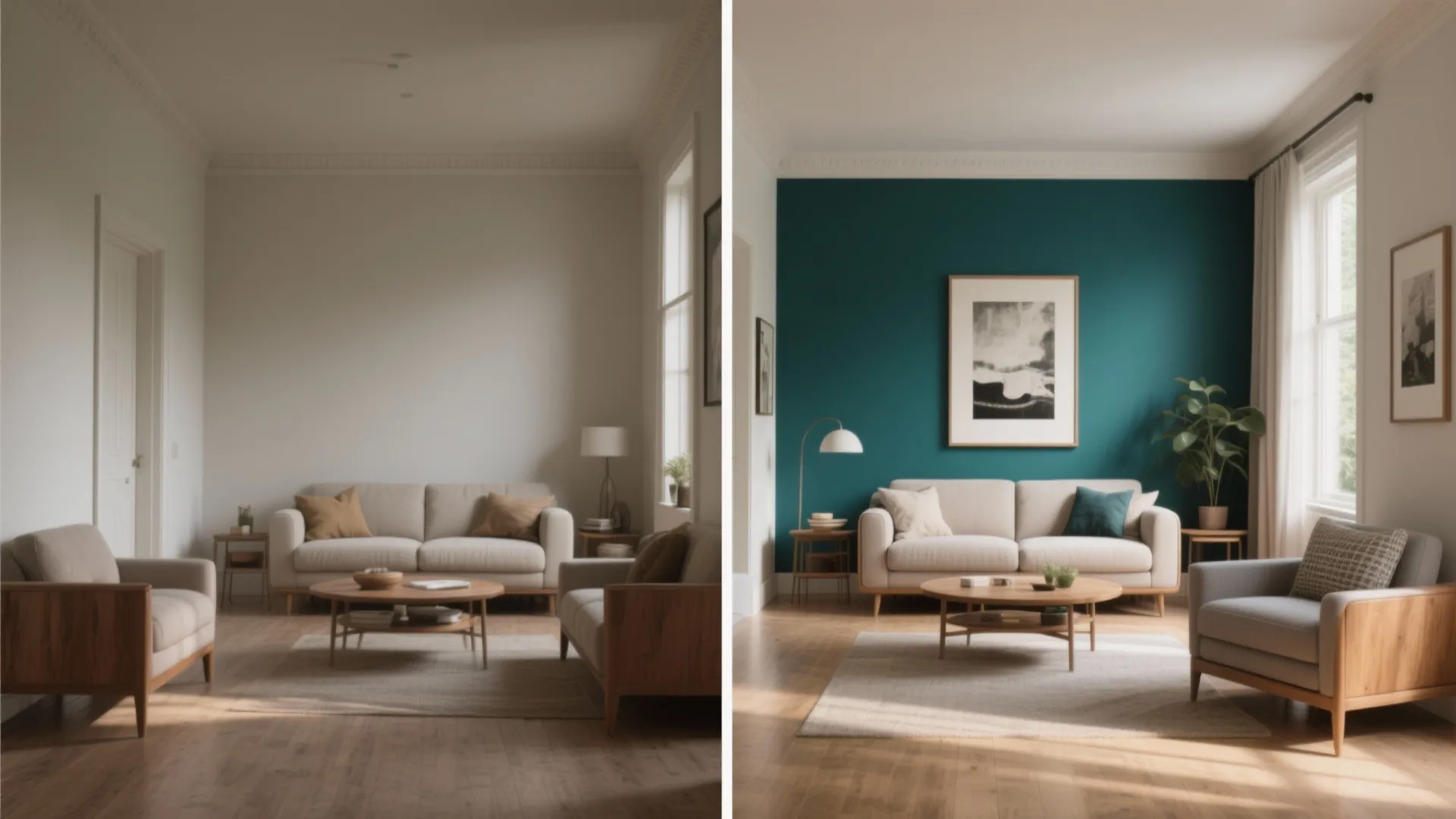 Side-by-side comparison of a neutral living room before and after adding a dark teal wall