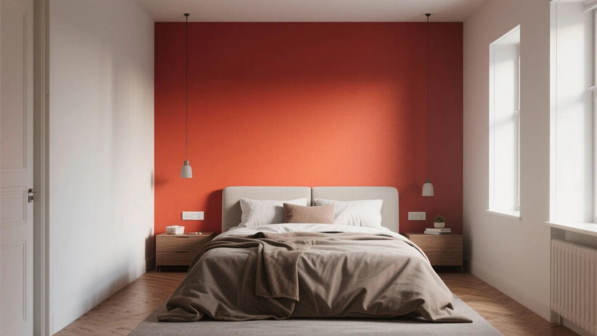 Modern bedroom featuring a bold orange wall with light grey bed and two hanging lights