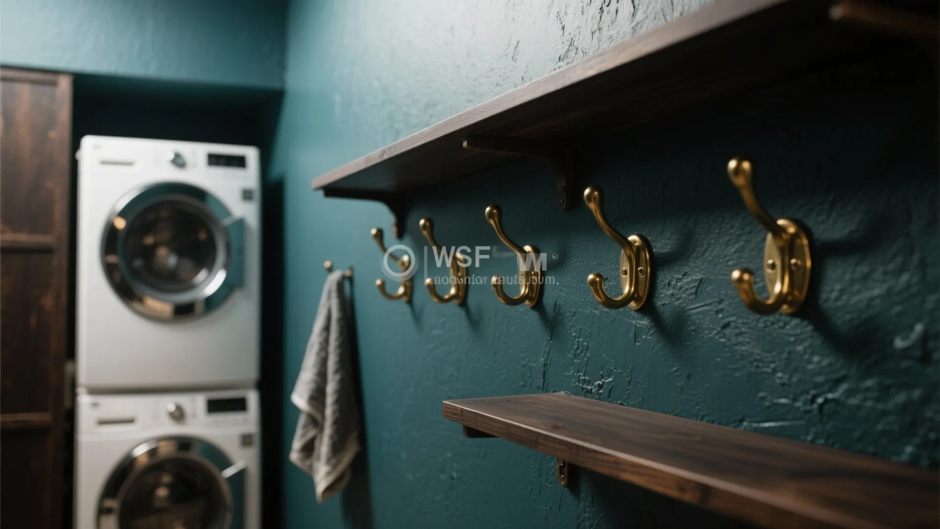 Dark teal laundry room wall with gold hooks wooden shelves and white stacked laundry appliances