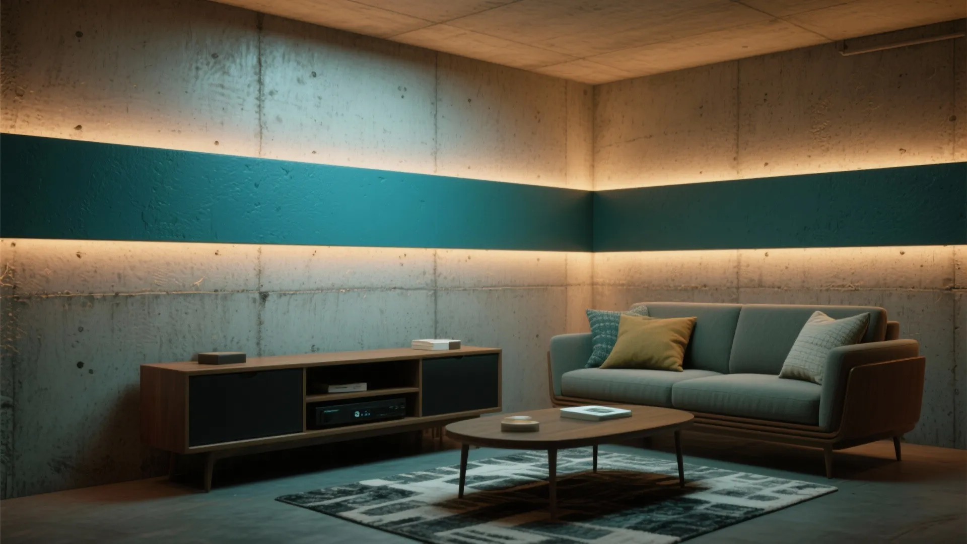 Modern living room with concrete walls blue accent panel wooden cabinet grey sofa and rug