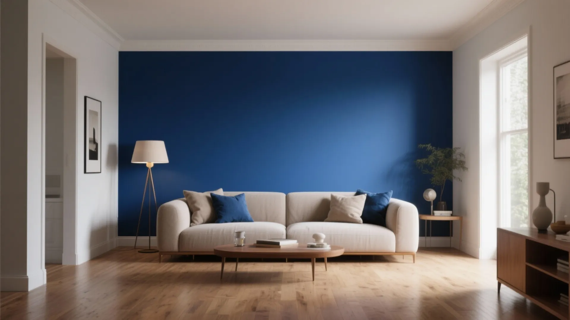 Living room with a bold deep blue accent wall, neutral furnishings, and cohesive lighting for dramatic effect.