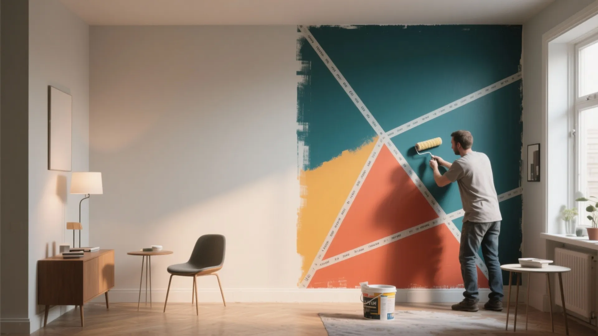 Before-and-after view of a room showing a neutral wall versus a bold geometric accent wall with crisp tape lines.