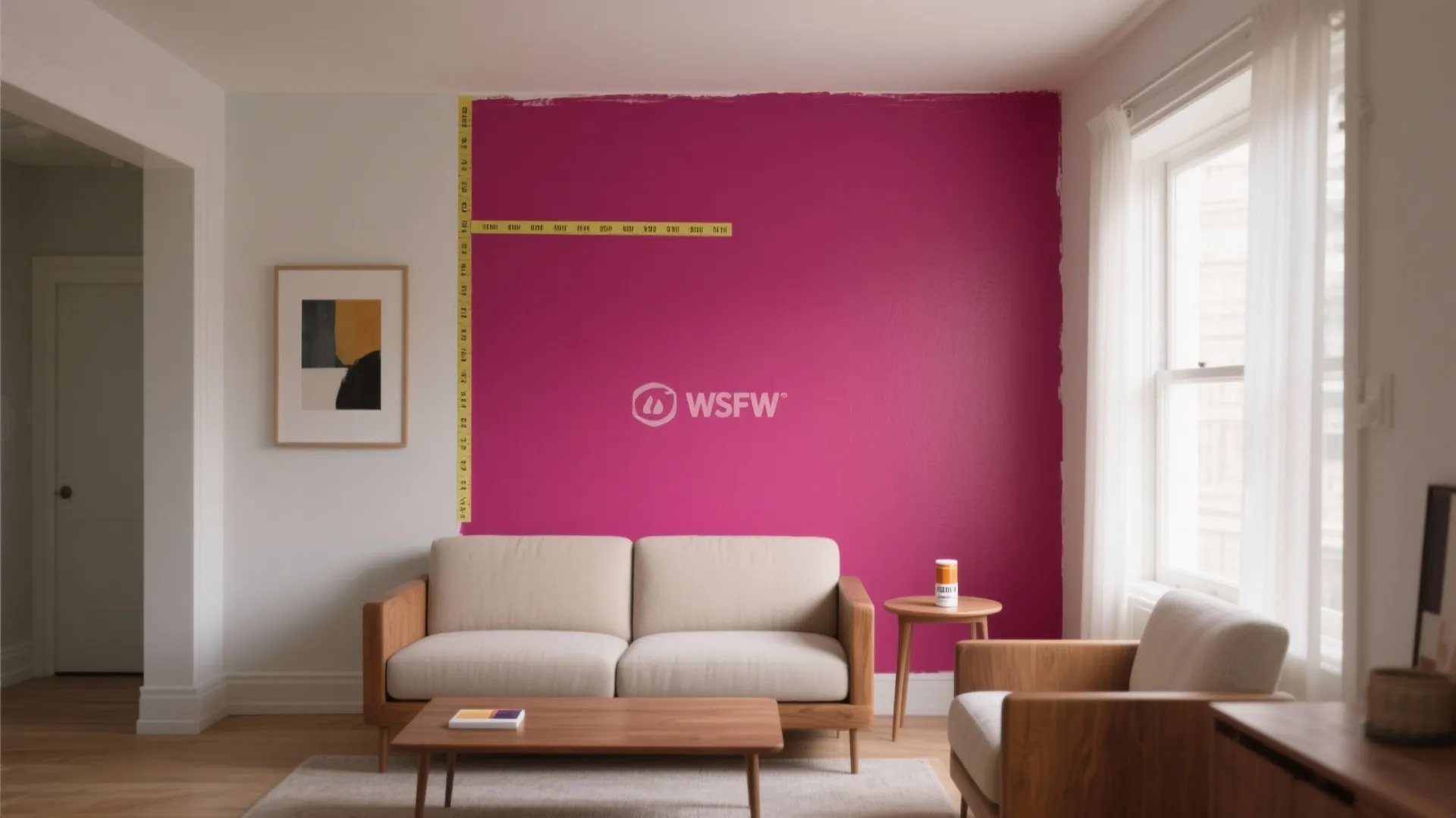 Small living room with one bold accent wall, paint tester on side table and tape mockup on wall.