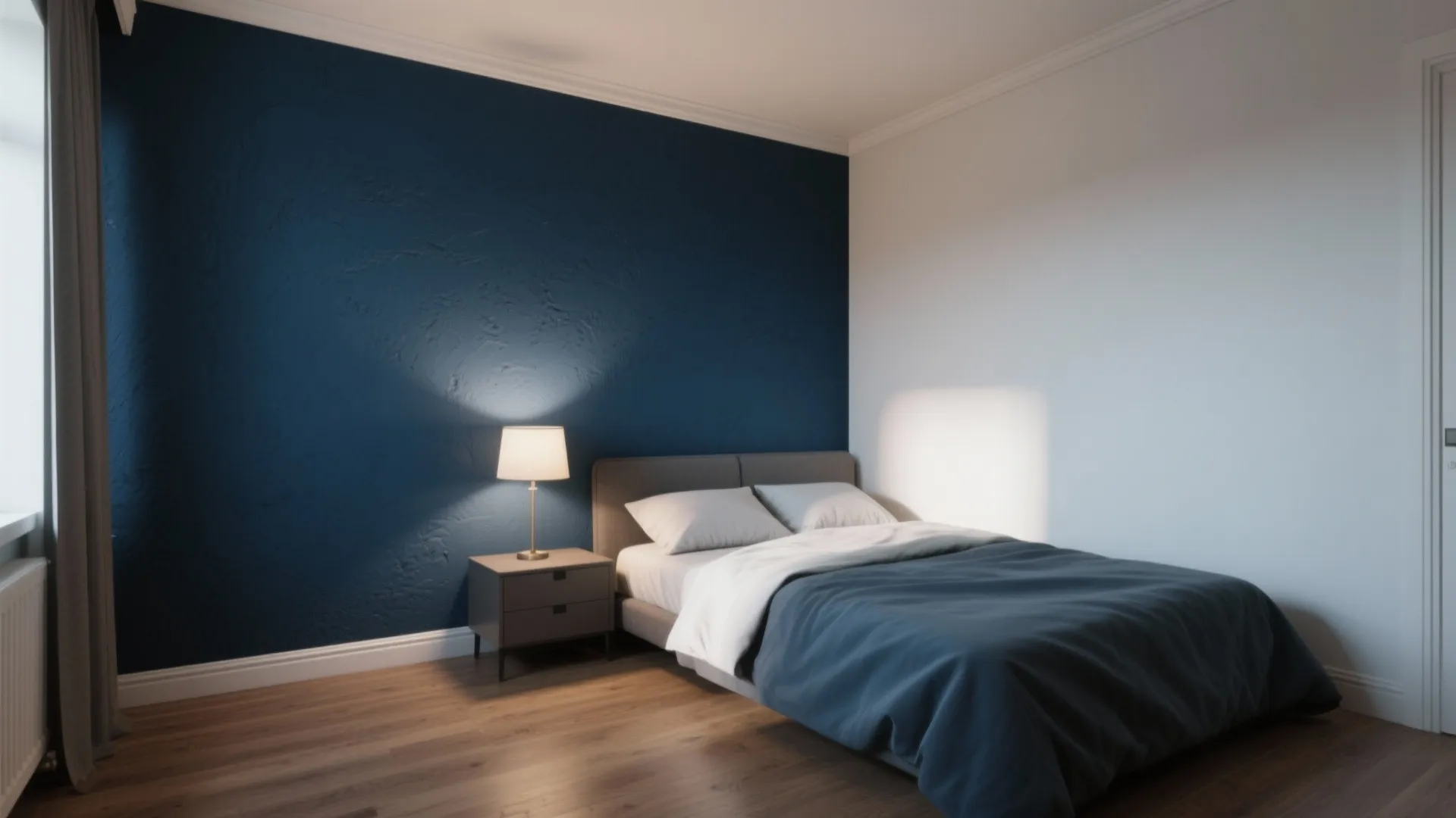 Modern bedroom with blue textured wall panel white side wall grey bed and table light