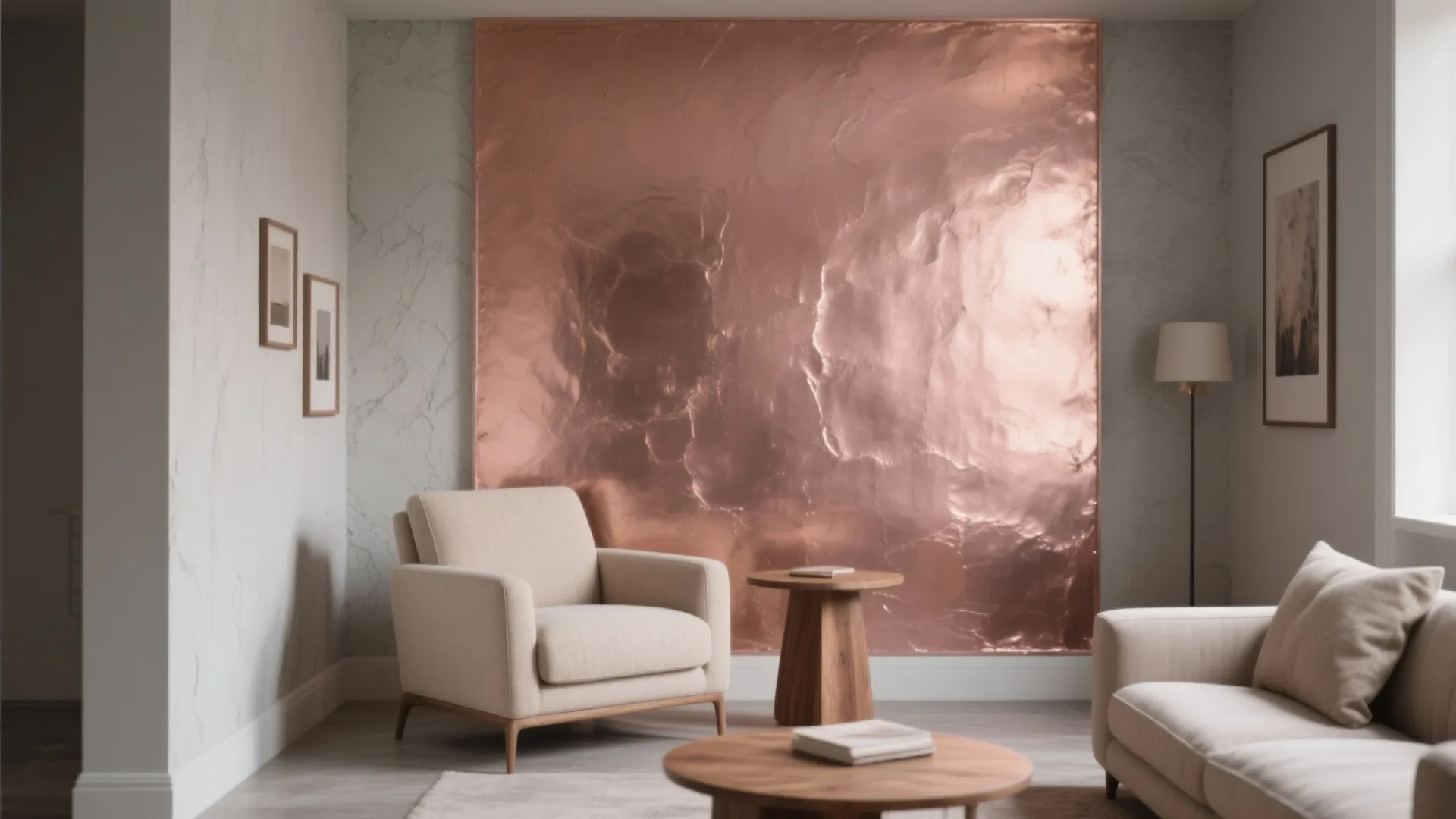 Neutral colored living room showcasing a large rose gold wall panel and comfortable beige sofa