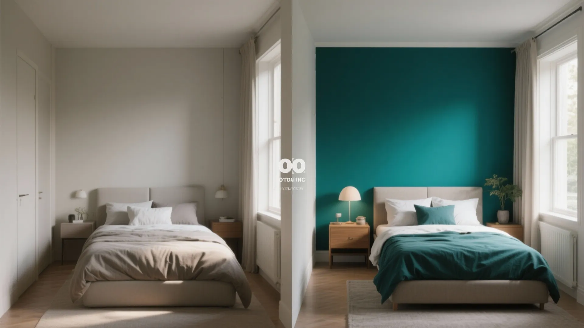Comparison of a neutral bedroom and a bedroom with a bold teal painted accent wall