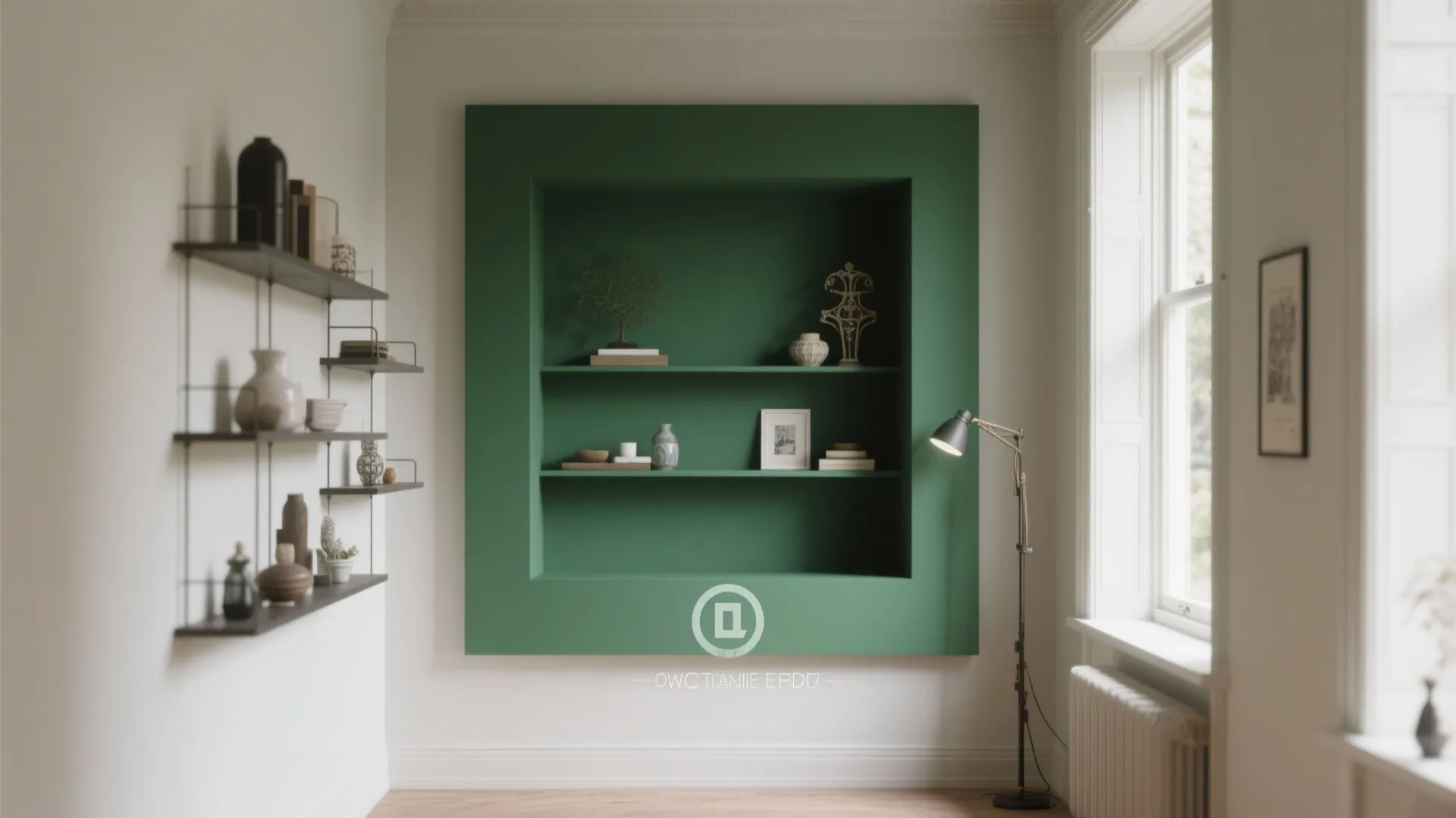 Green built-in wall shelf design in a bright room with window and modern floor light