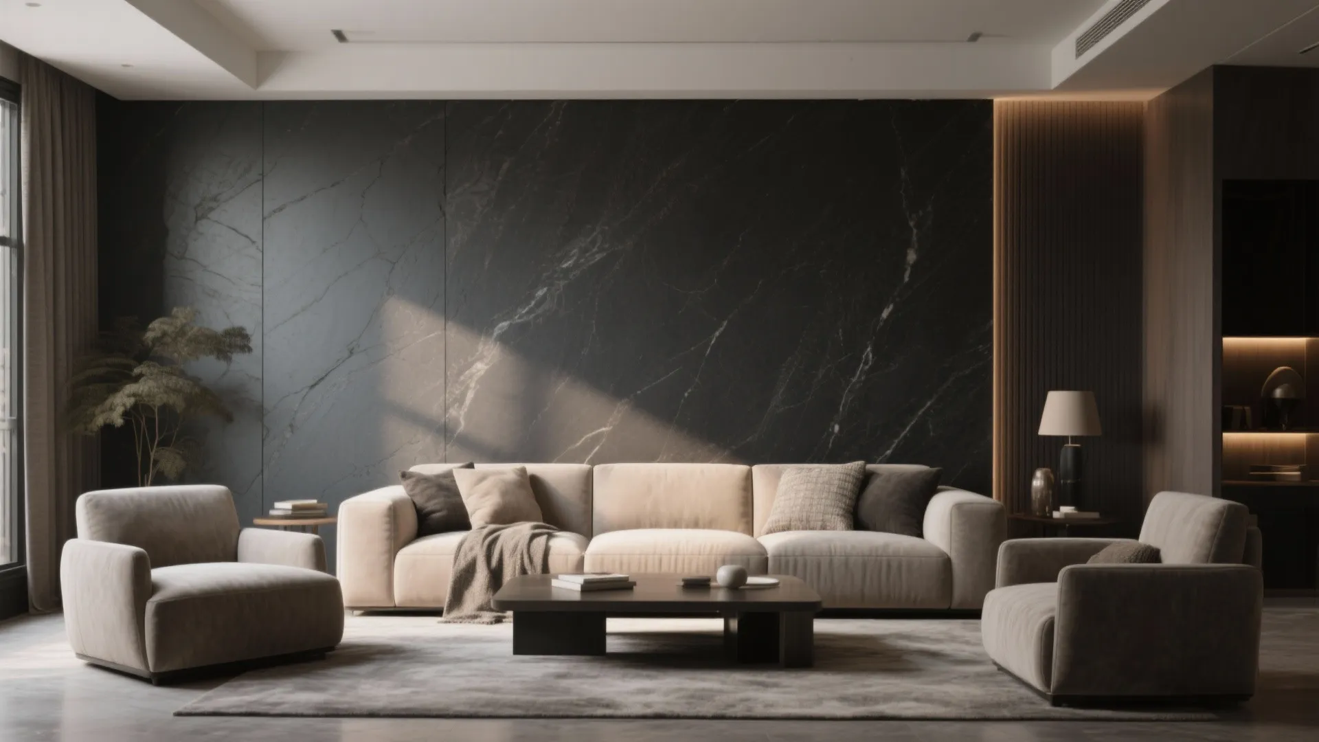 Modern living room featuring black marble wall panel cream sofa dark coffee table and natural light