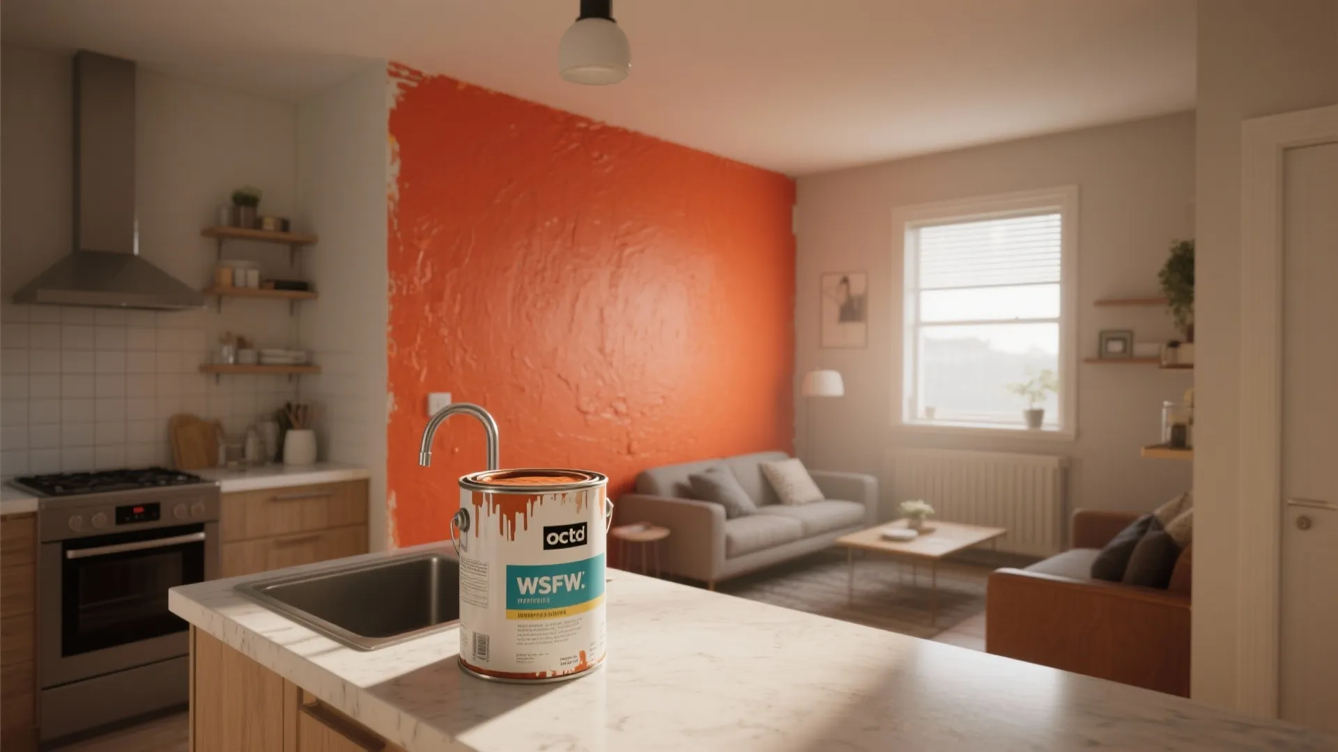 Modern open kitchen and living room featuring a bright orange painted wall and white cabinets